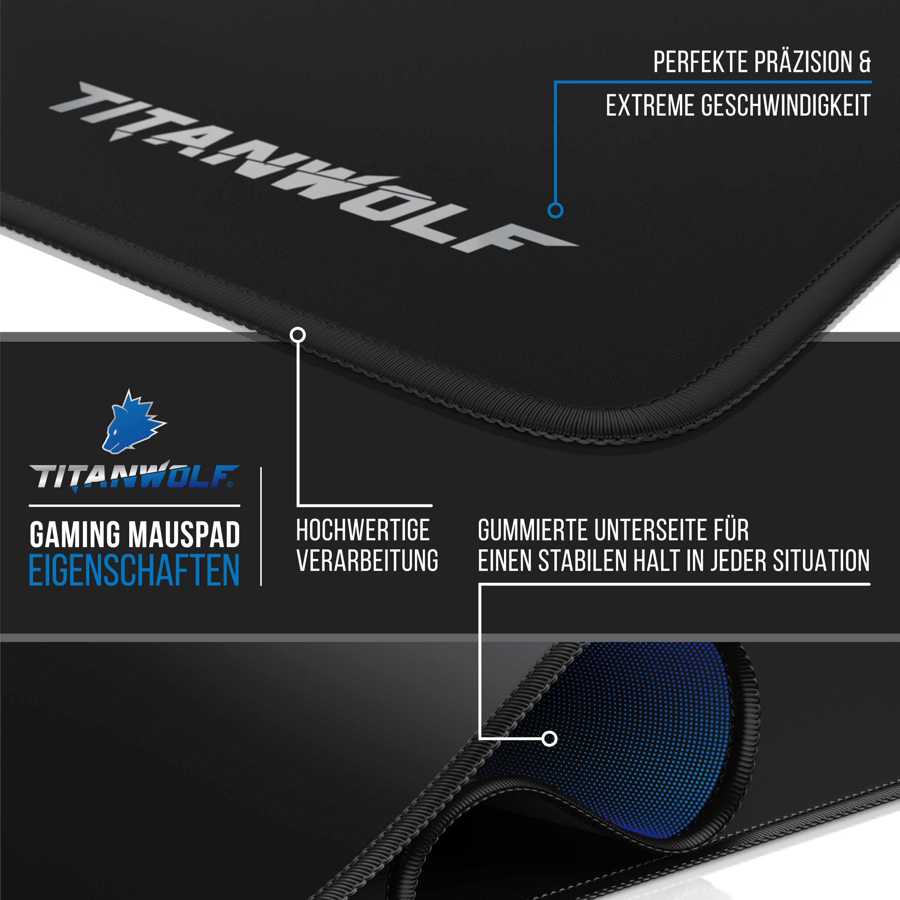 Schwarzes Mousepad Nahaufnahme. Titanwolf-Logo, hochwertige Verarbeitung und gummierte Unterseite.