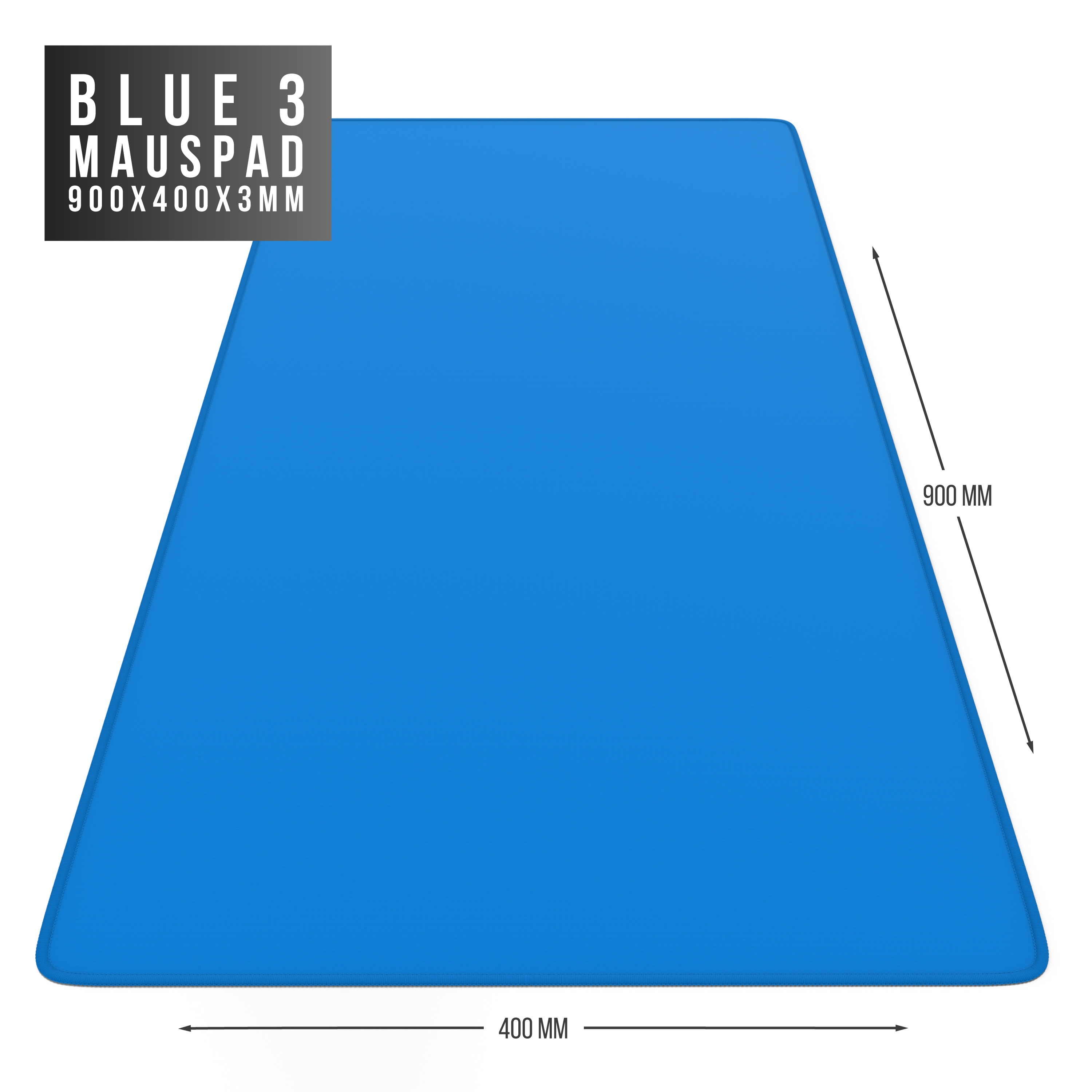 Blaues Mauspad mit den Maßen: 900x400x3 mm. Text: BLUE 3 MOUSEPAD.