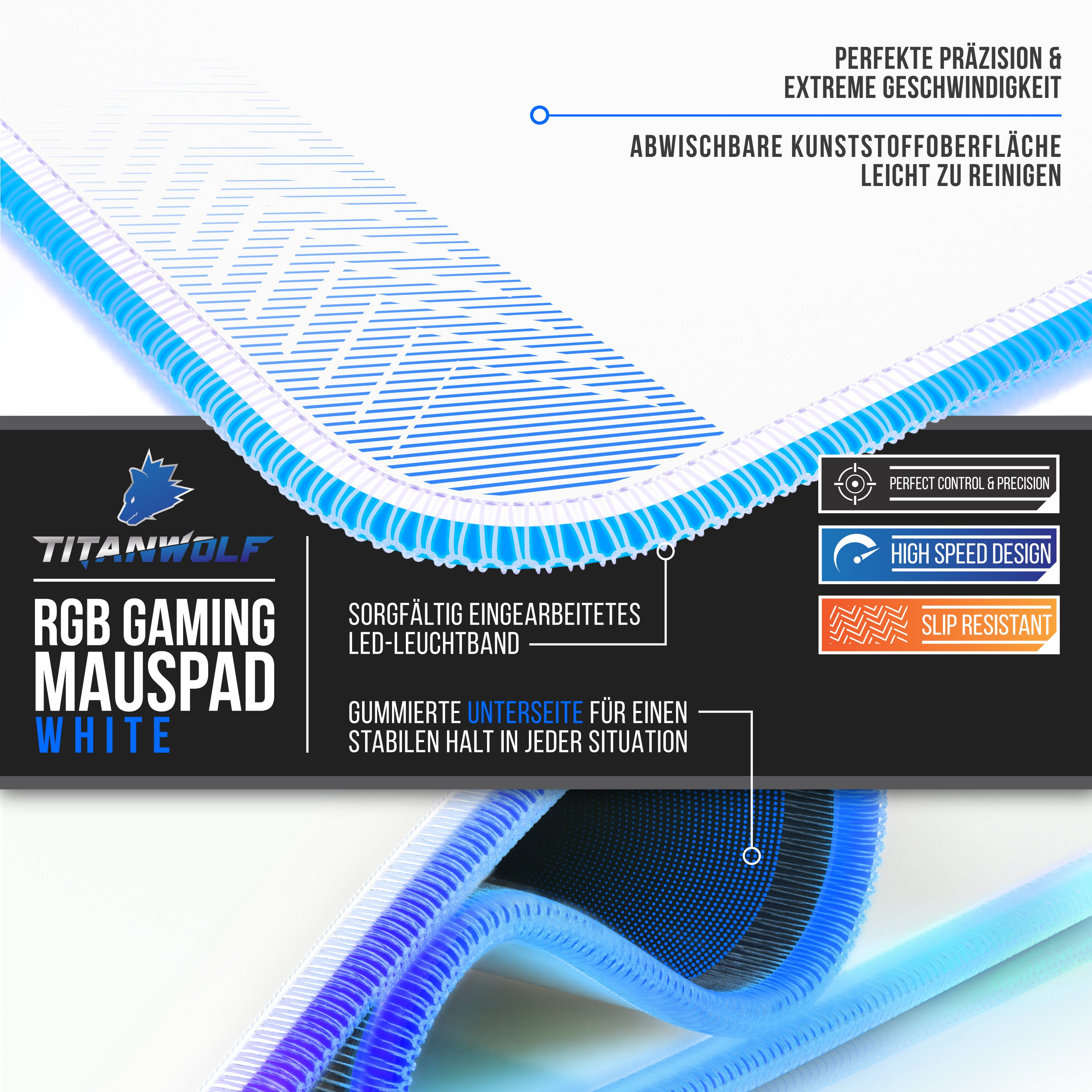 RGB-Gaming-Mauspad mit weißen Designelementen, Text und Logos. Nahaufnahme.