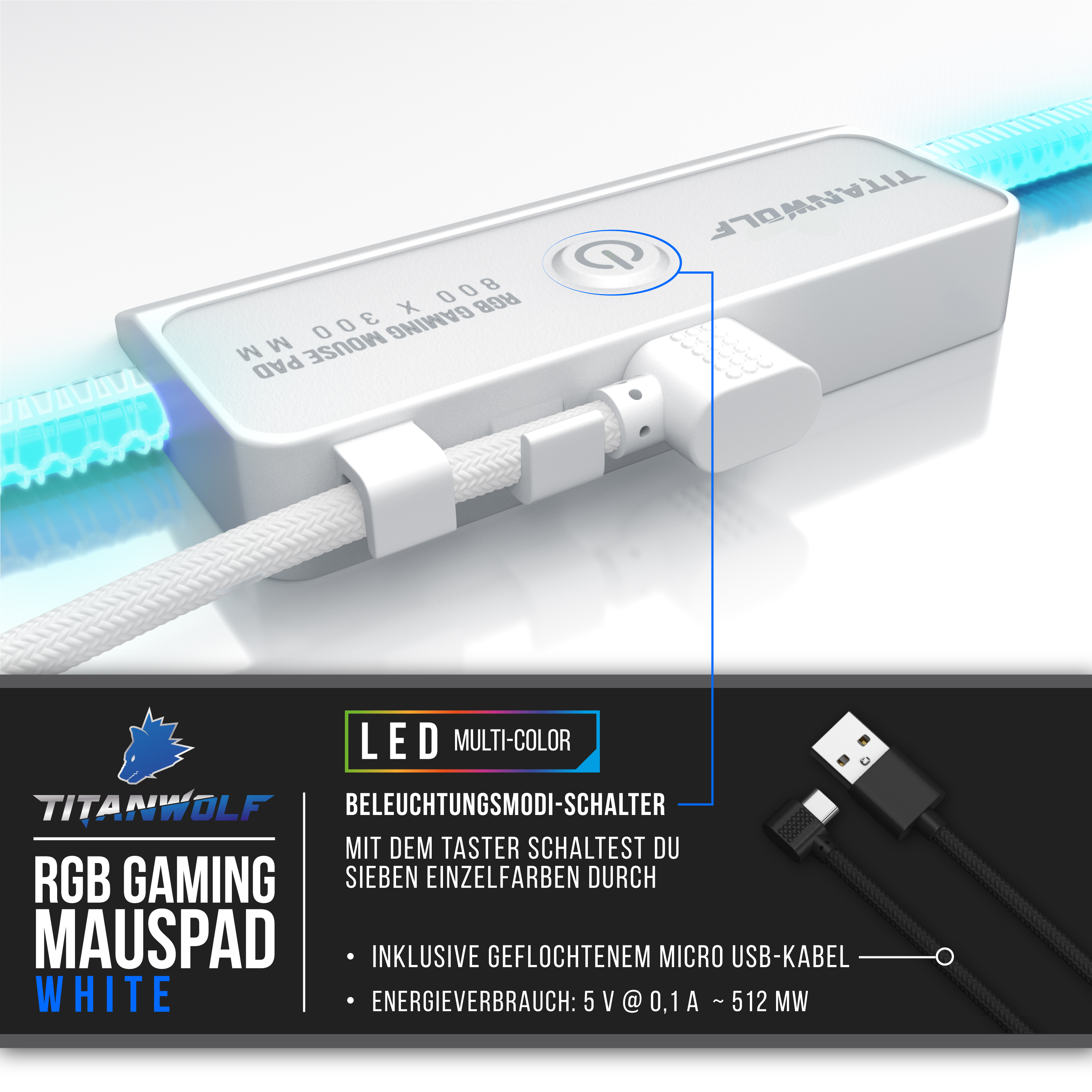 Weißes Mauspad mit weißem Gerät und zwei schwarzen Kabeln. Text beschreibt LED-Mehrfarbig und Micro-USB-Kabel.