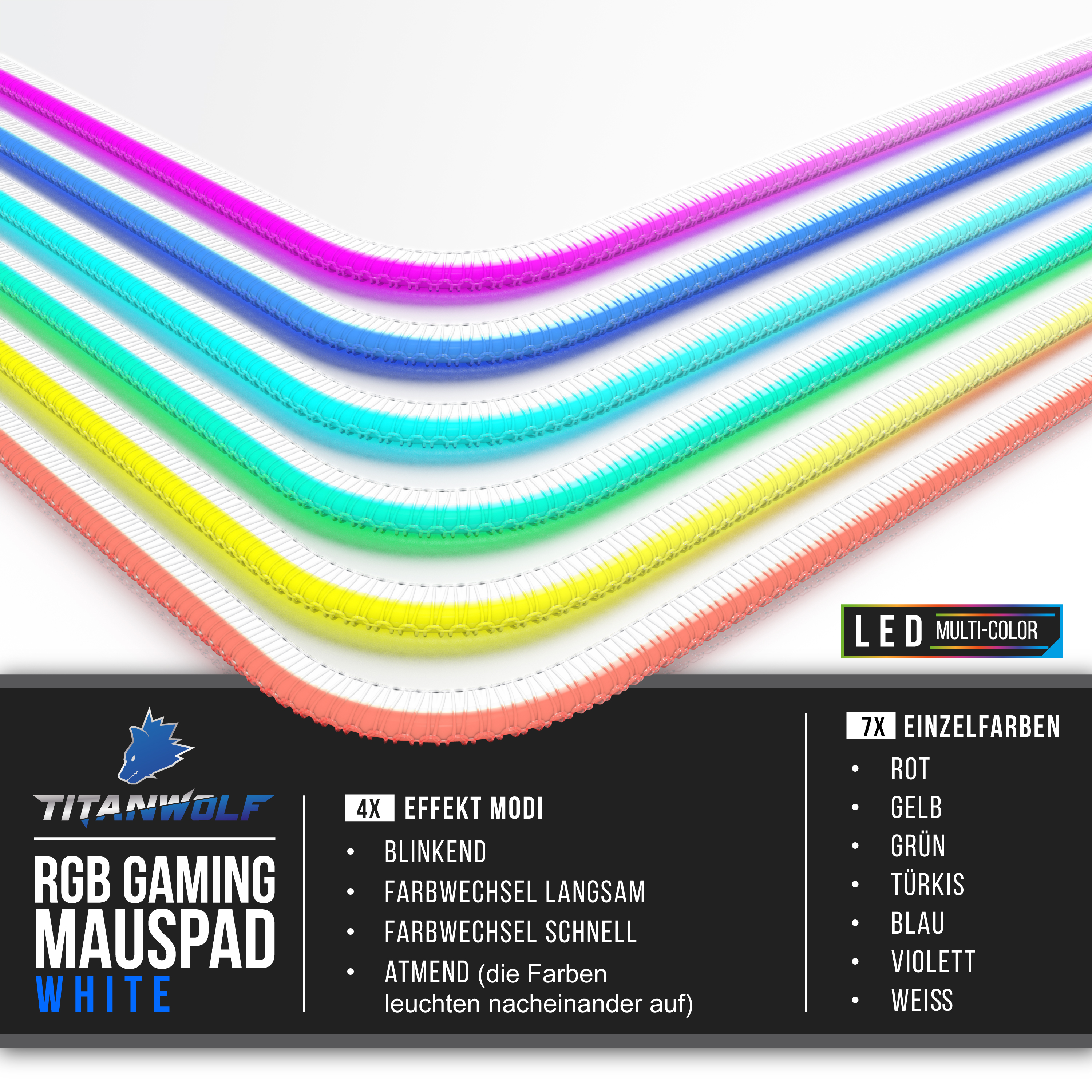 RGB-Gaming-Mauspad mit mehreren Farben. Weiß und bunt. Weißer Hintergrund.