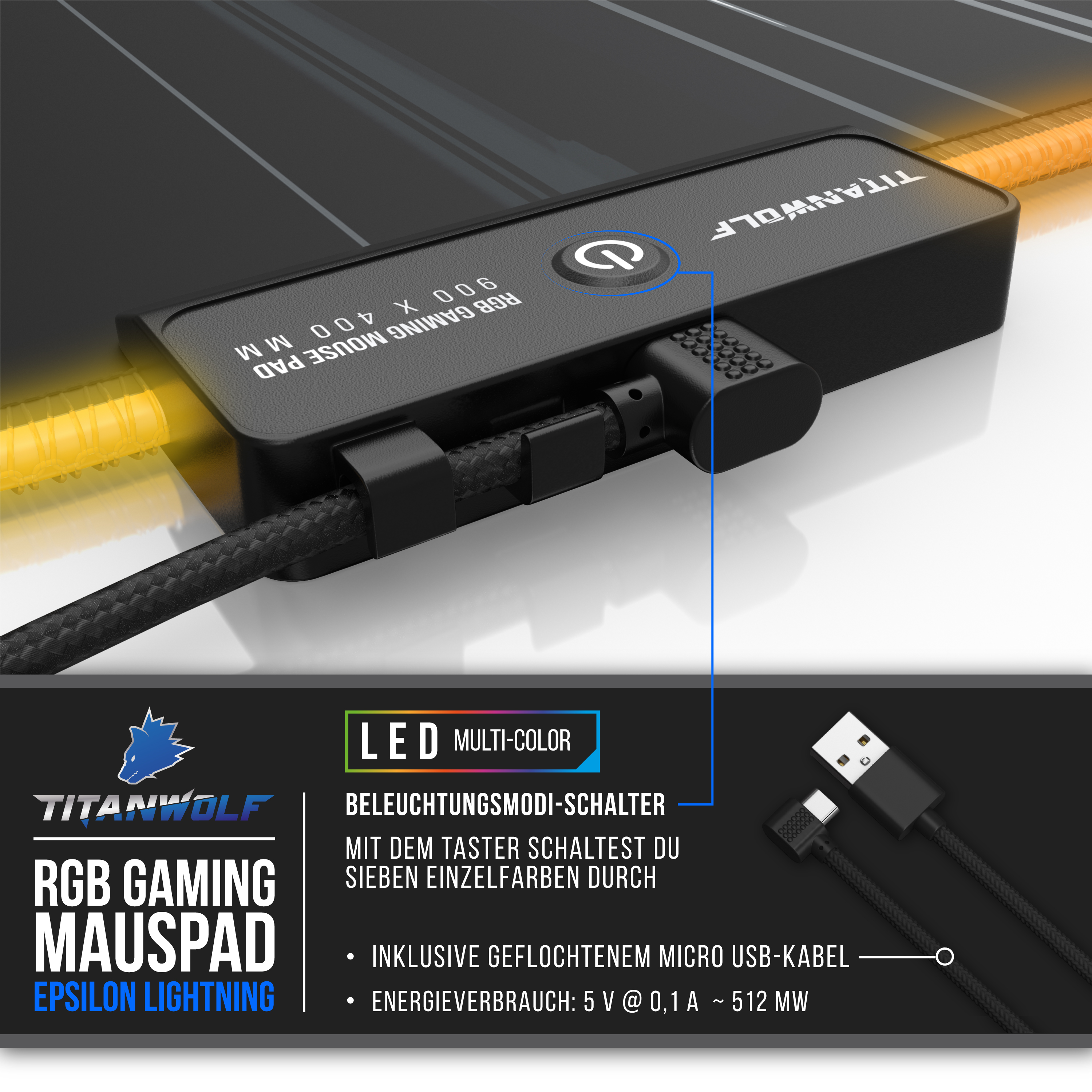 RGB-Gaming-Mauspad mit LED-Mehrfarbenbeleuchtung und USB-Kabel. Textüberlagerungen.