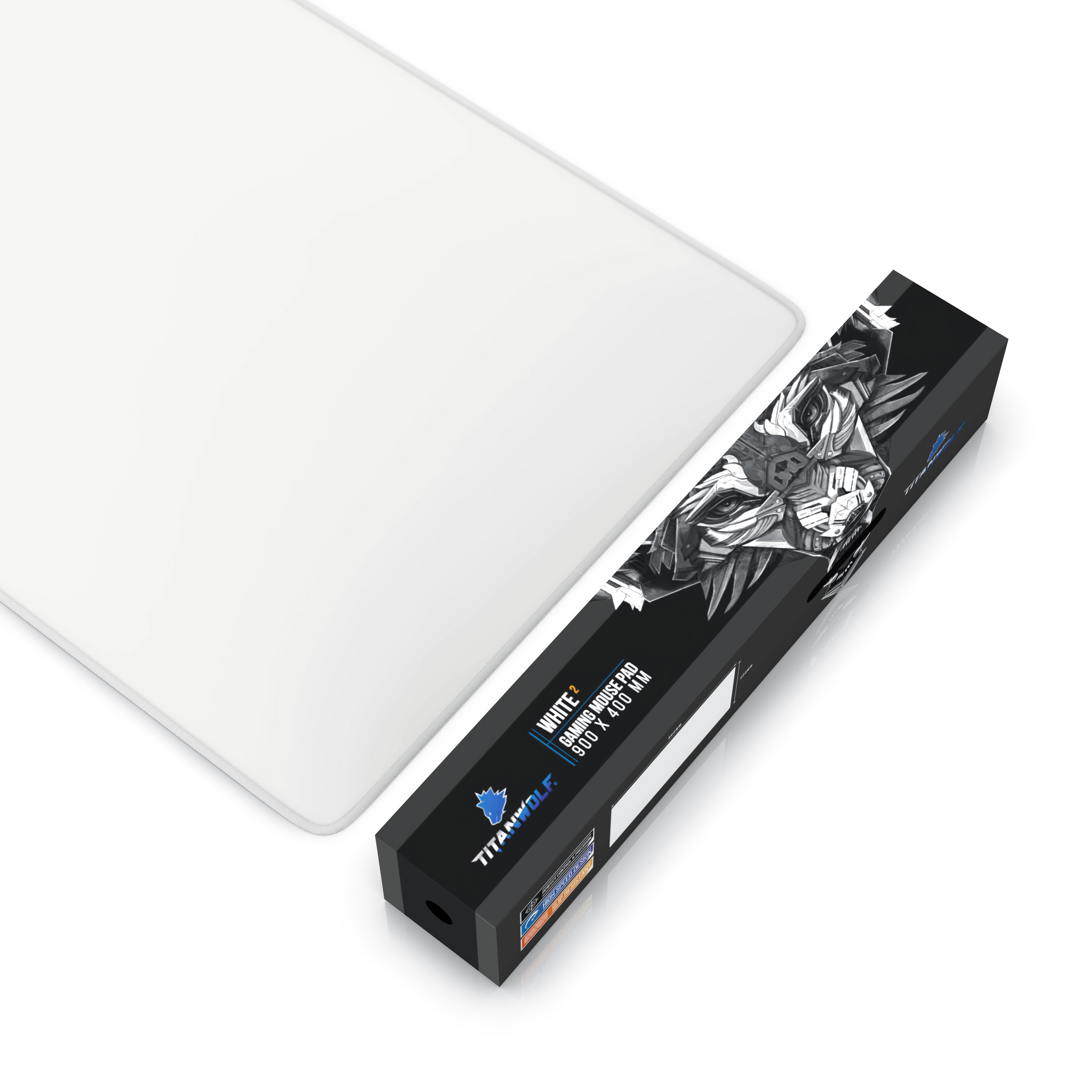 Weißes Gaming-Mauspad und Box mit Wolfsdesign. Das Mauspad ist weiß. Die Box hat ein Wolfsbild und Text.