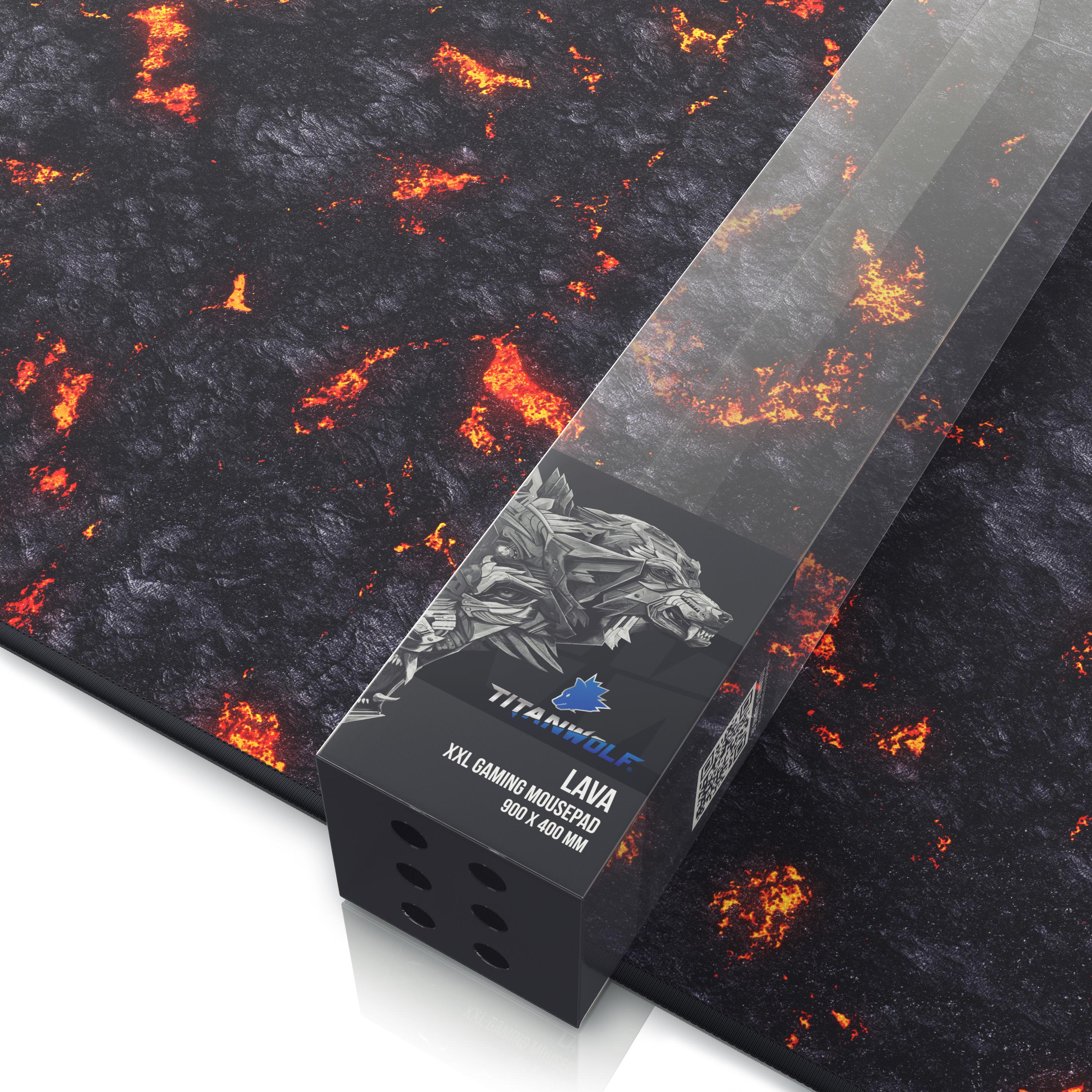 Schwarzes und rotes Lava-Gaming-Mauspad in einer transparenten Box, mit Wolfslogo und Text.