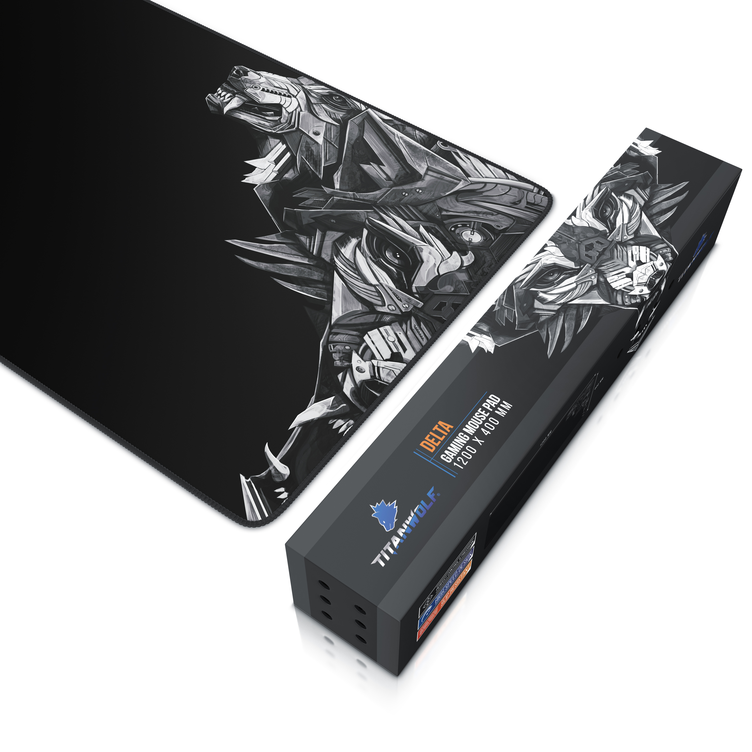 Gaming-Mauspad mit Wolfsdesign und einer Box. Der Markenname 'TITANWOLF' ist sichtbar.