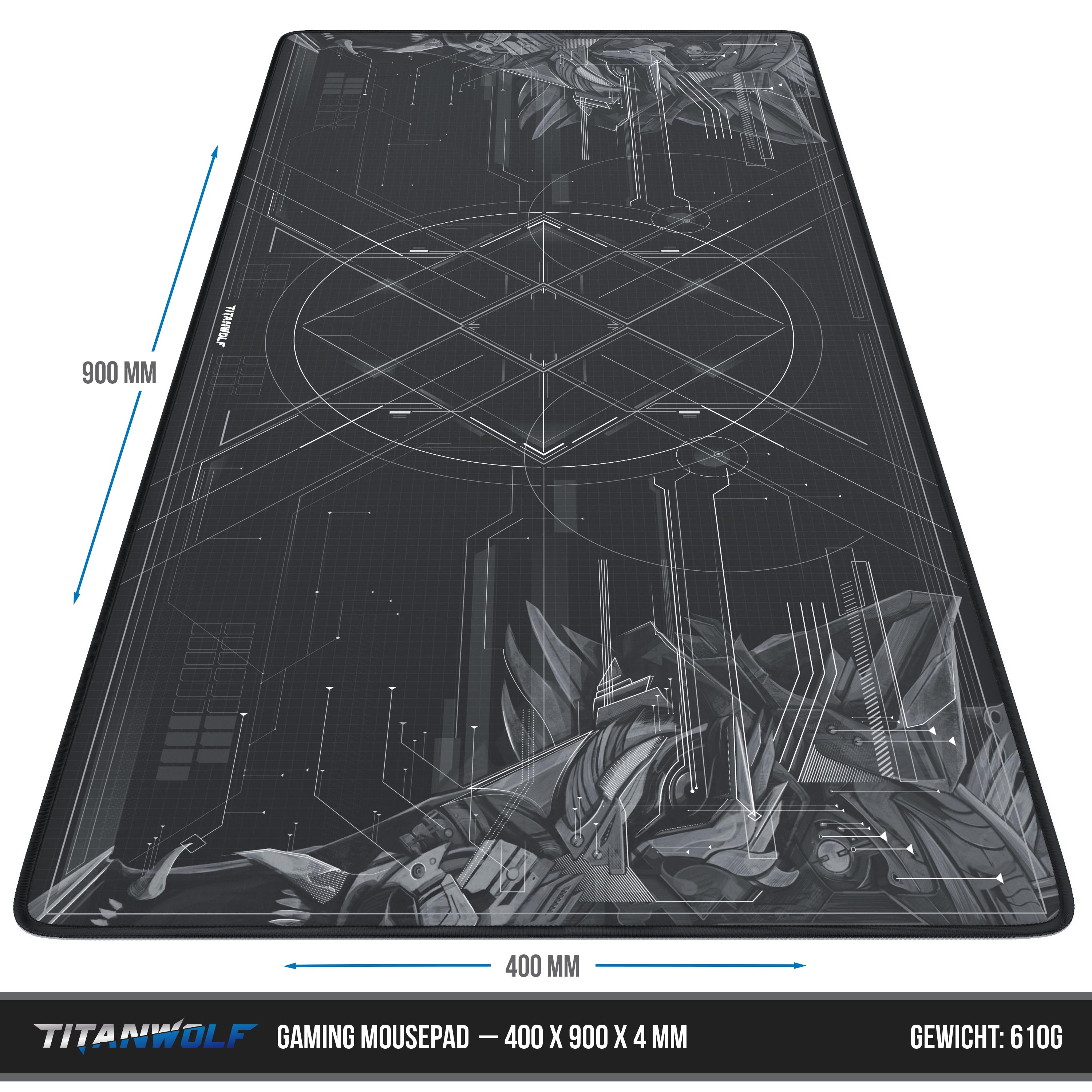 Schwarzes und graues Gaming-Mauspad mit geometrischem Design und Abmessungen von 900x400x4 mm.