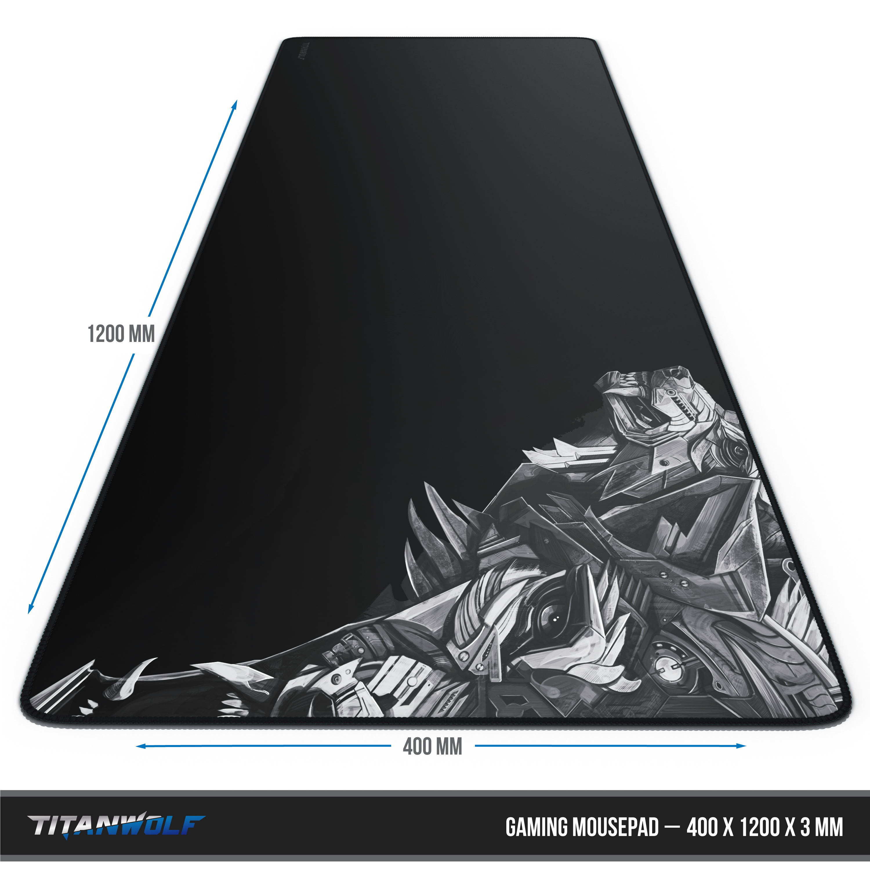 Gaming-Mauspad, schwarz mit weißem Design. Maße: 1200 x 400 x 3 mm. Text: GAMING MOUSEPAD.