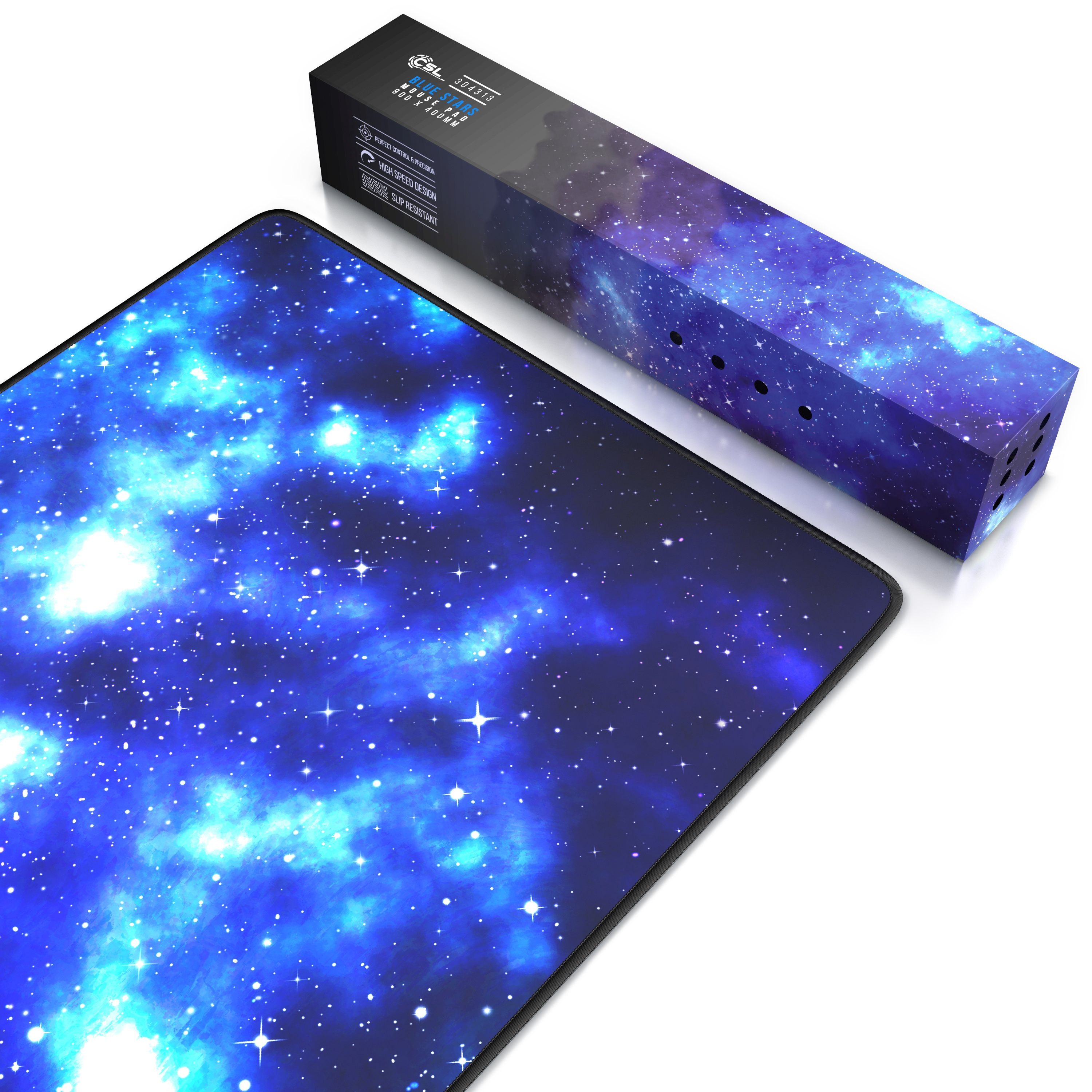 Gaming-Mauspad mit Weltraum-Design, mit einer Box daneben. Weißer Hintergrund.