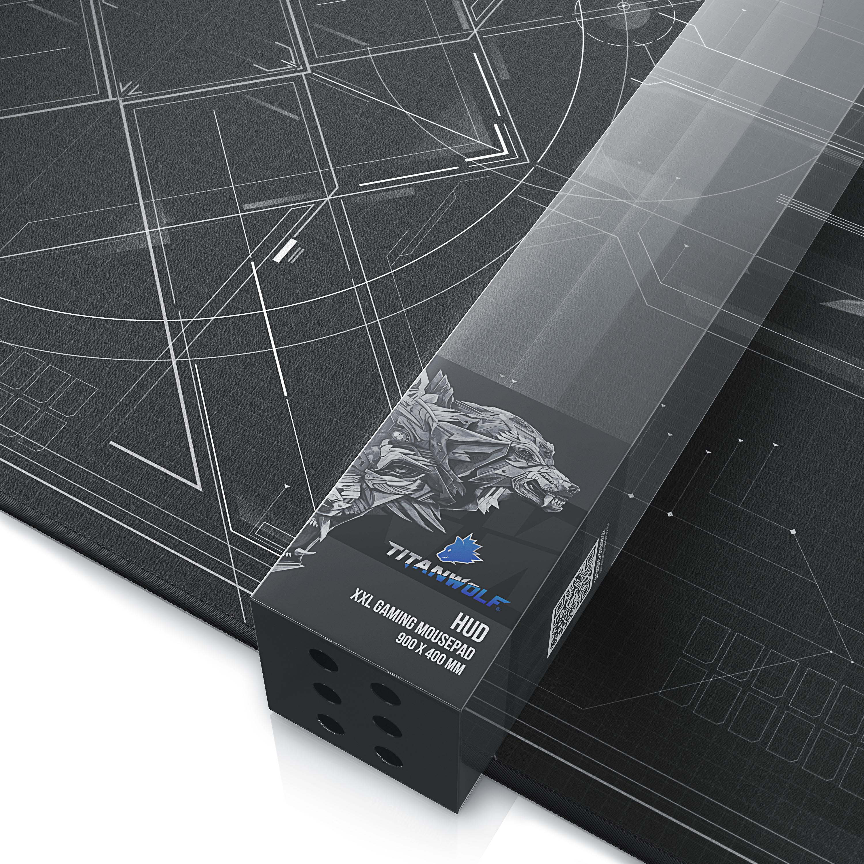 Schwarzes Mauspad mit Diagramm und einer Box mit einem Wolf.