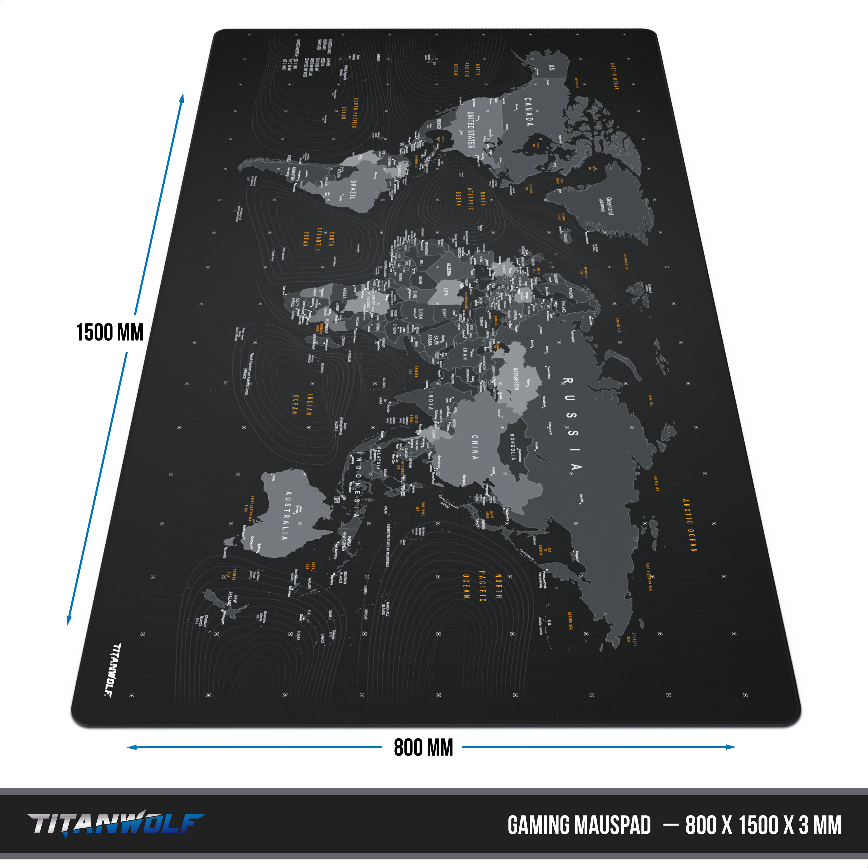 Gaming-Mauspad mit Weltkarten-Design. Abmessungen: 800 mm x 1500 mm, Dicke 3 mm.