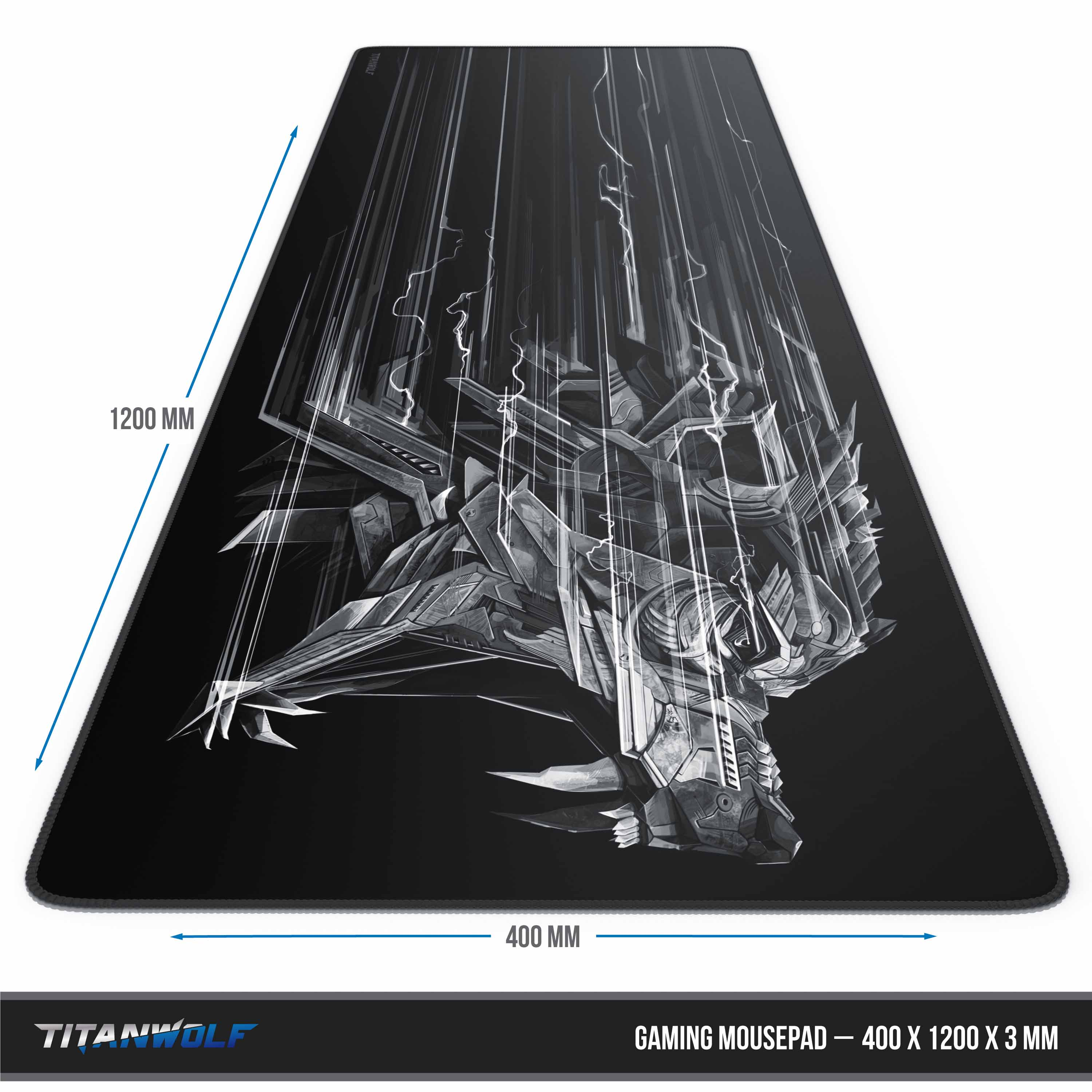 Schwarzes Mauspad mit Drachengrafik in Weiß. Abmessungen sind 400x1200x3mm. Text unten: 'Gaming Mousepad'.