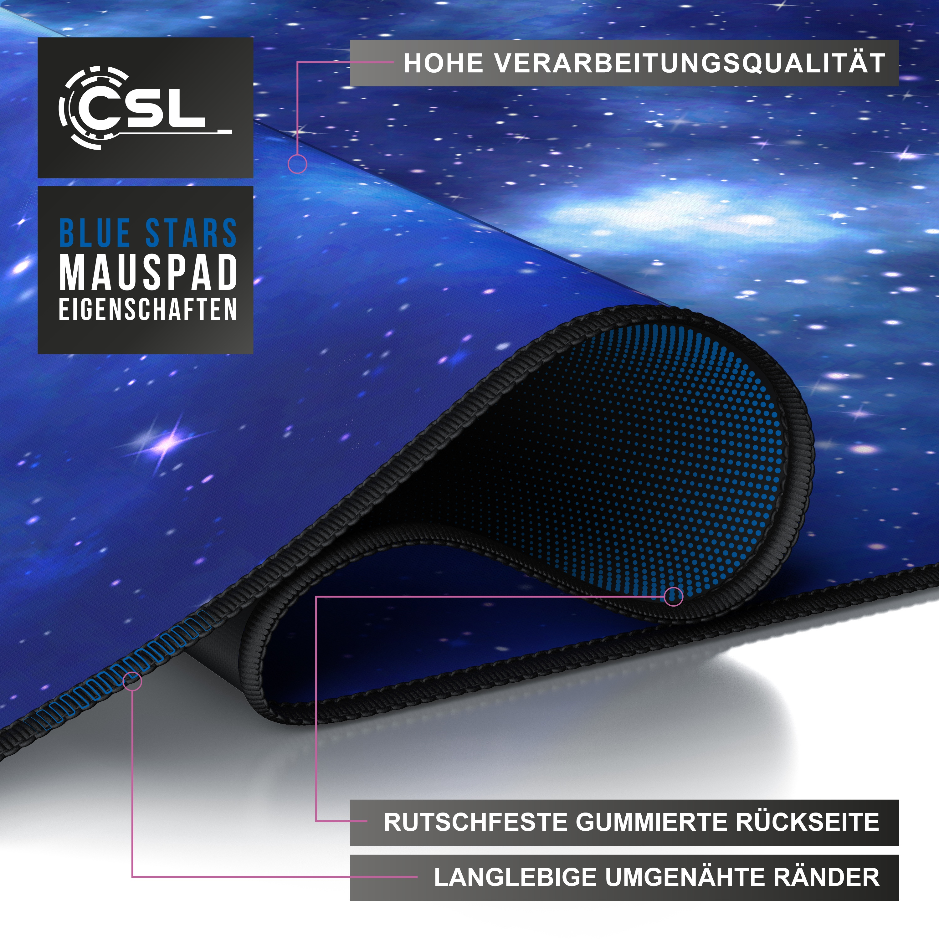 Nahaufnahme eines Mauspads mit blauem Galaxy-Design, Gummiunterseite und genähten Kanten.