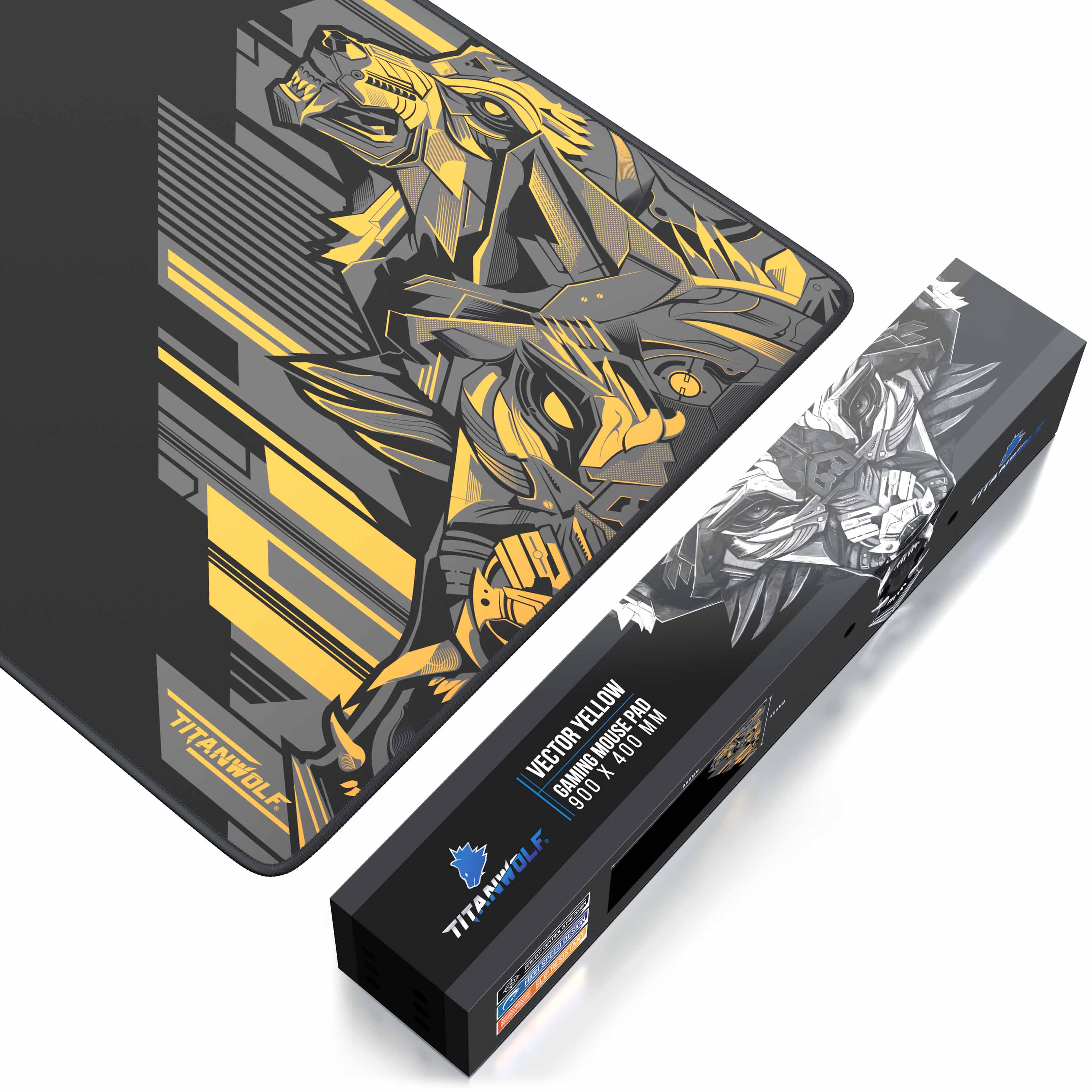 Schwarz-gelbes Gaming-Mauspad mit Wolfsdesign und passender Box mit Markennamen.