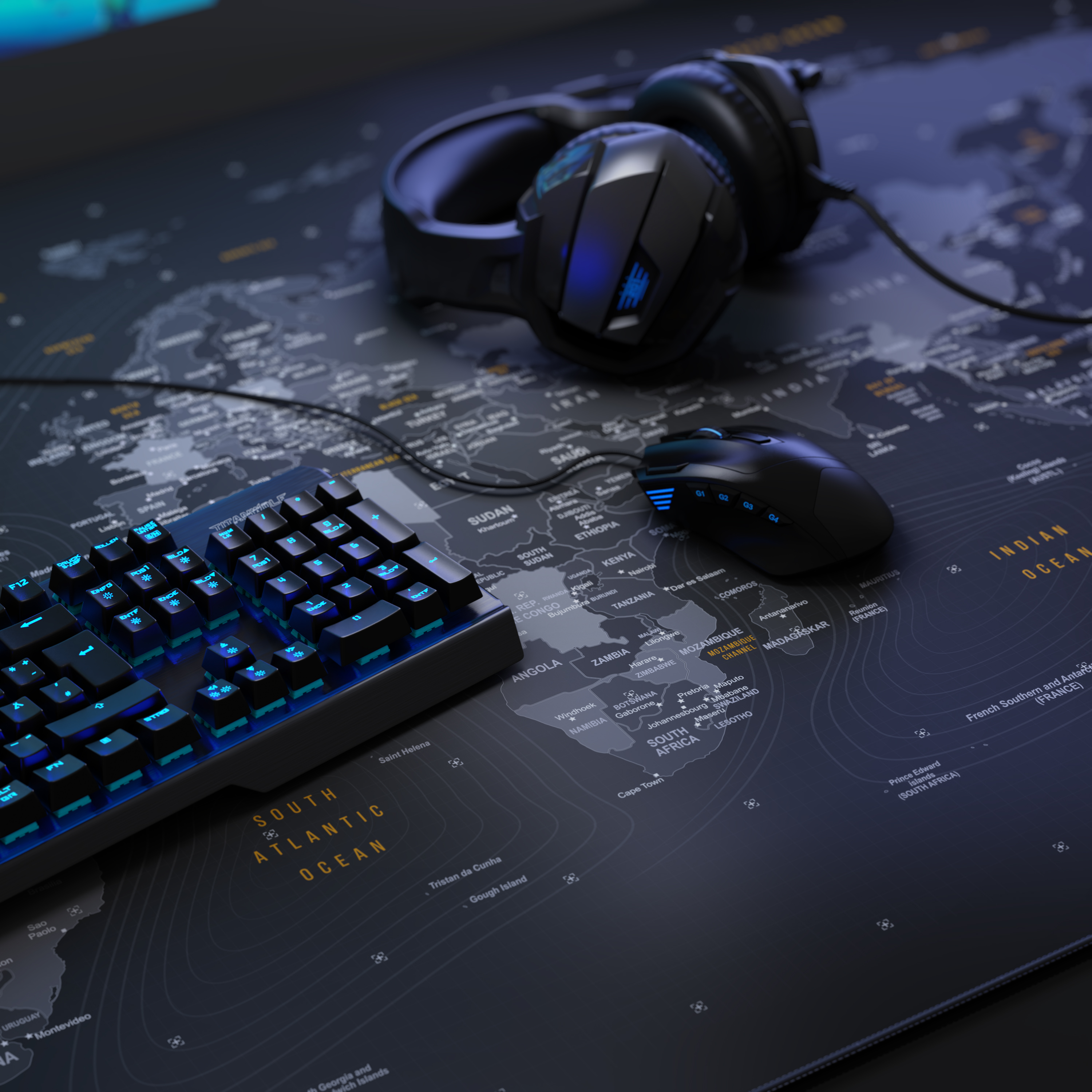 Gaming-Setup mit Tastatur, Maus und Headset auf einer Weltkarten-Mauspad. Dunkle, detaillierte Szene.
