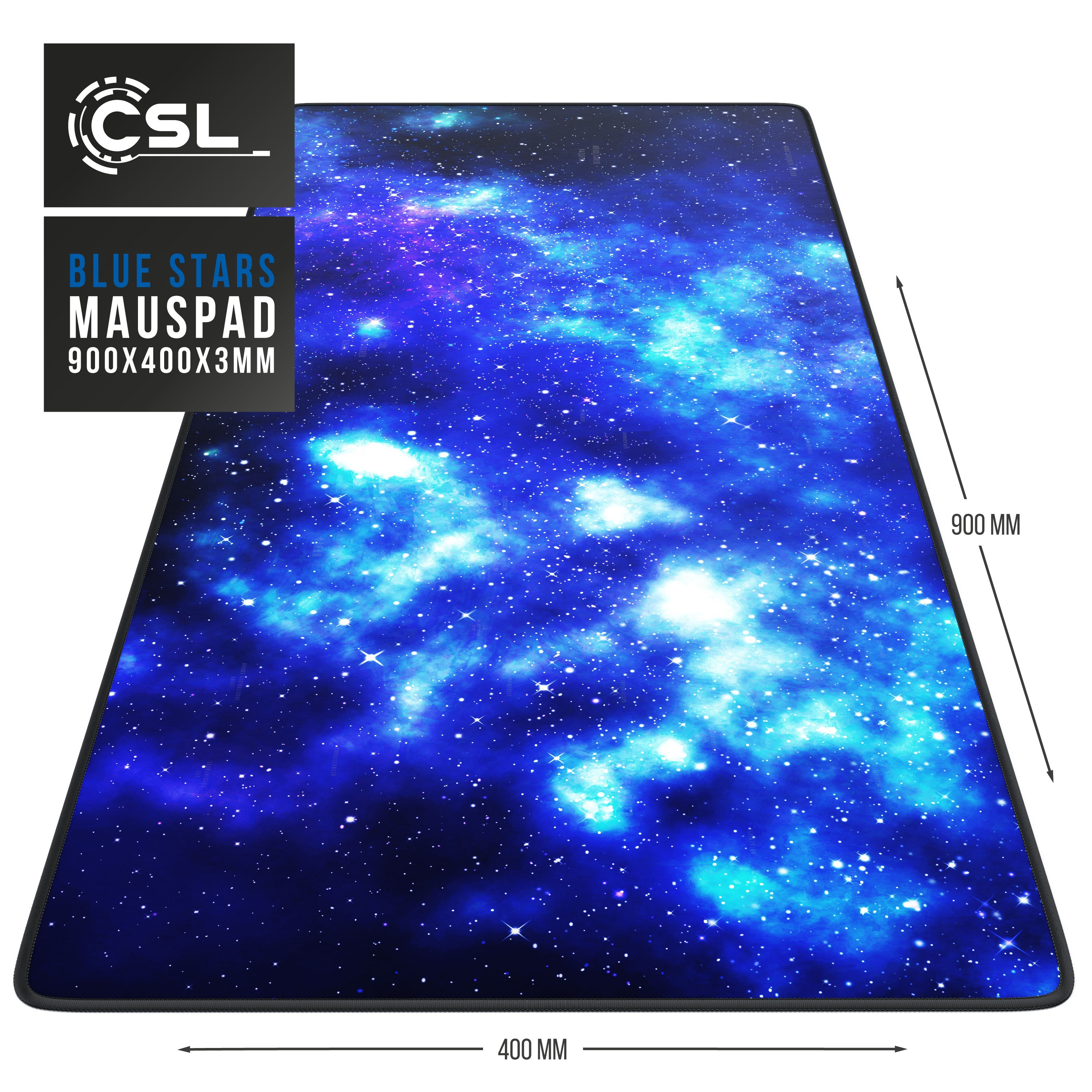 Blaues Sterne-Mauspad mit Abmessungen. Der Text 'Blue Stars Mauspad' ist sichtbar.