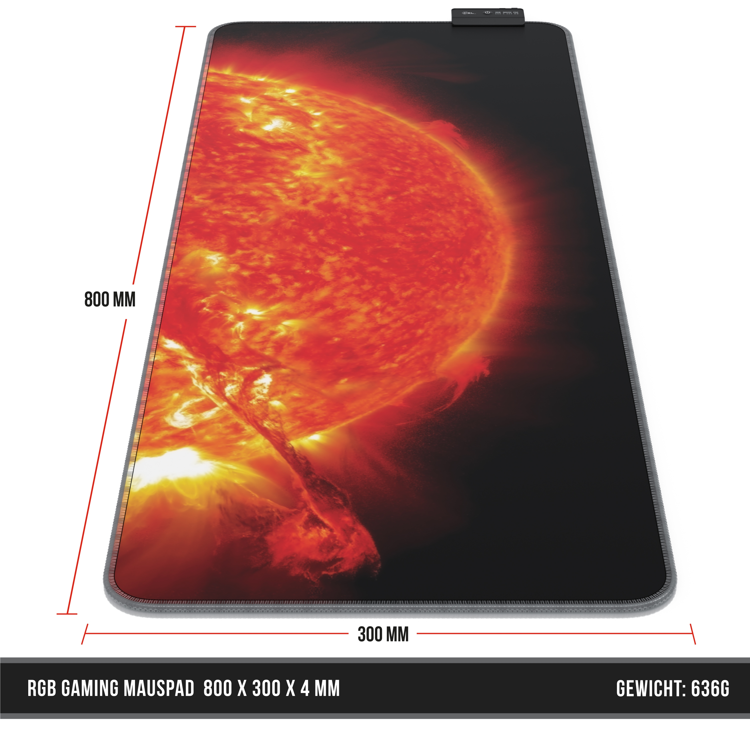 Mauspad mit Sonnenbild, Abmessungen 800x300x4 mm. Schwarzer Hintergrund mit roter Sonnengrafik.