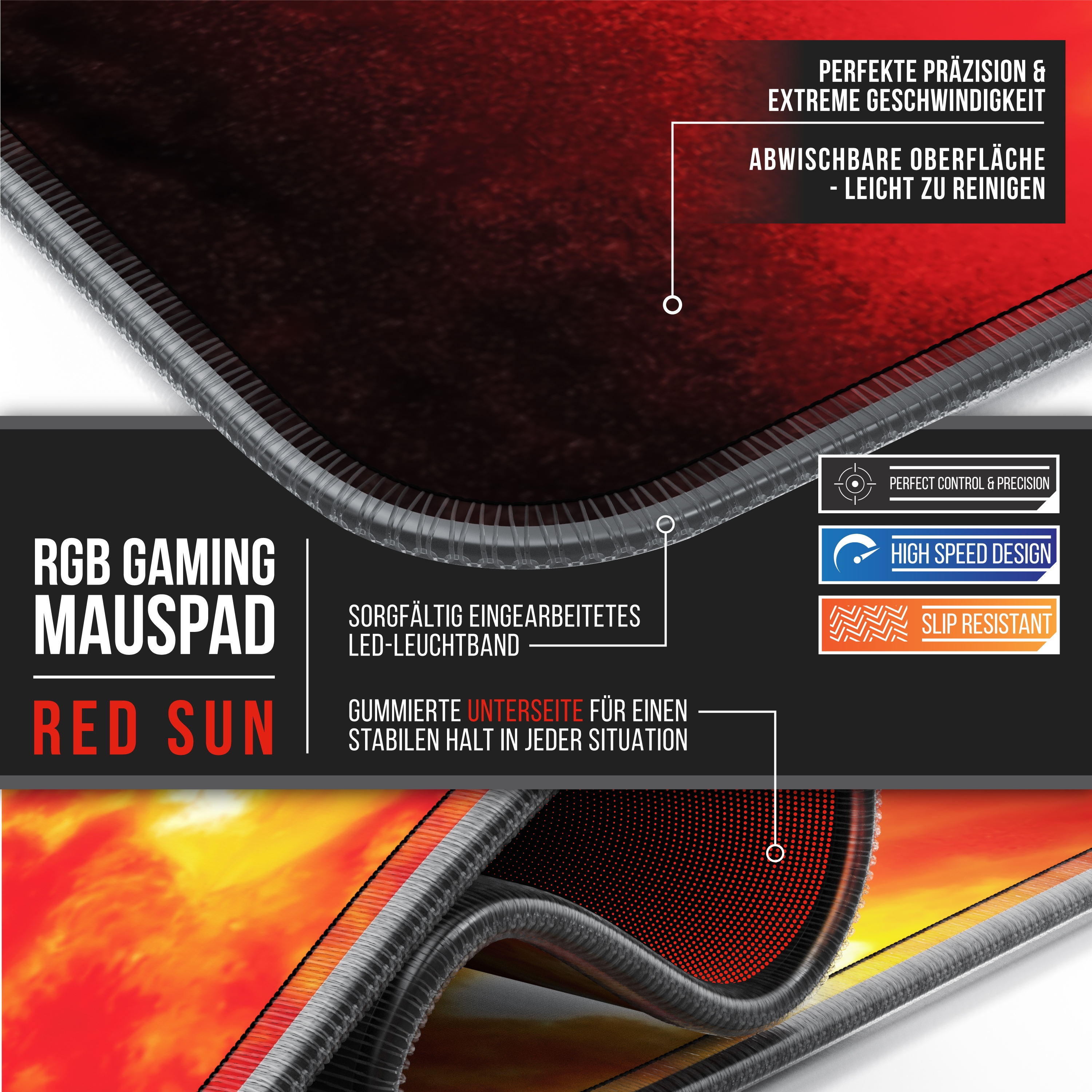 Rotes Gaming-Mauspad mit Text und Details wie 'RGB Gaming Mauspad'.