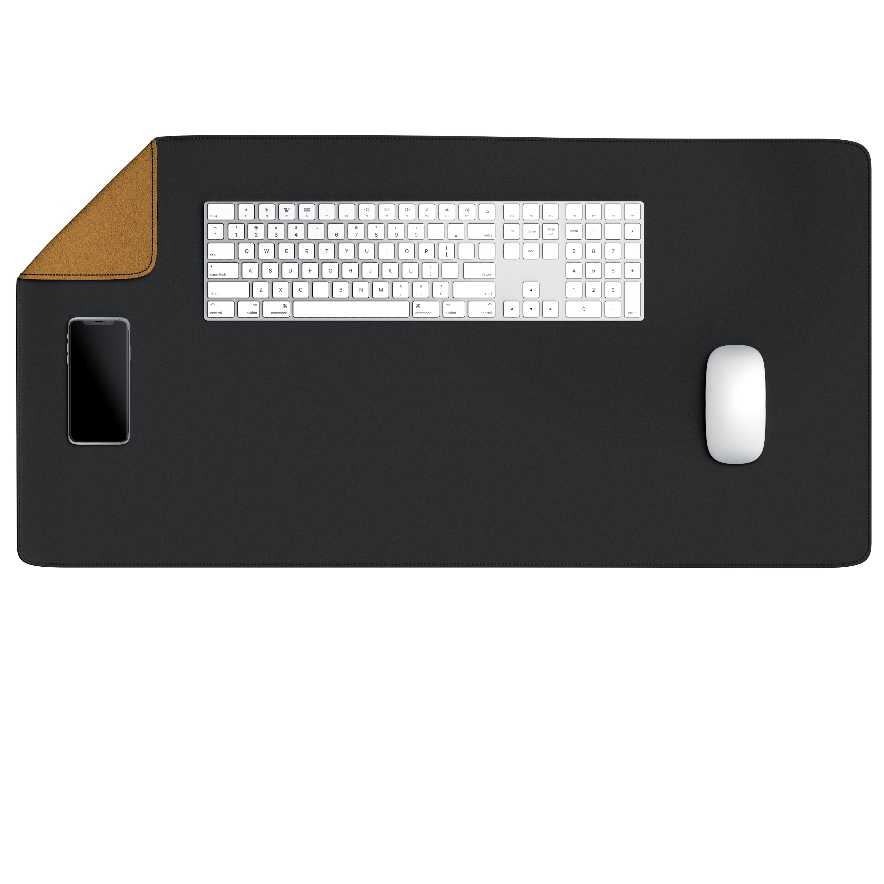 Schreibtisch-Setup: schwarze Matte, weiße Tastatur, Telefon und Maus.