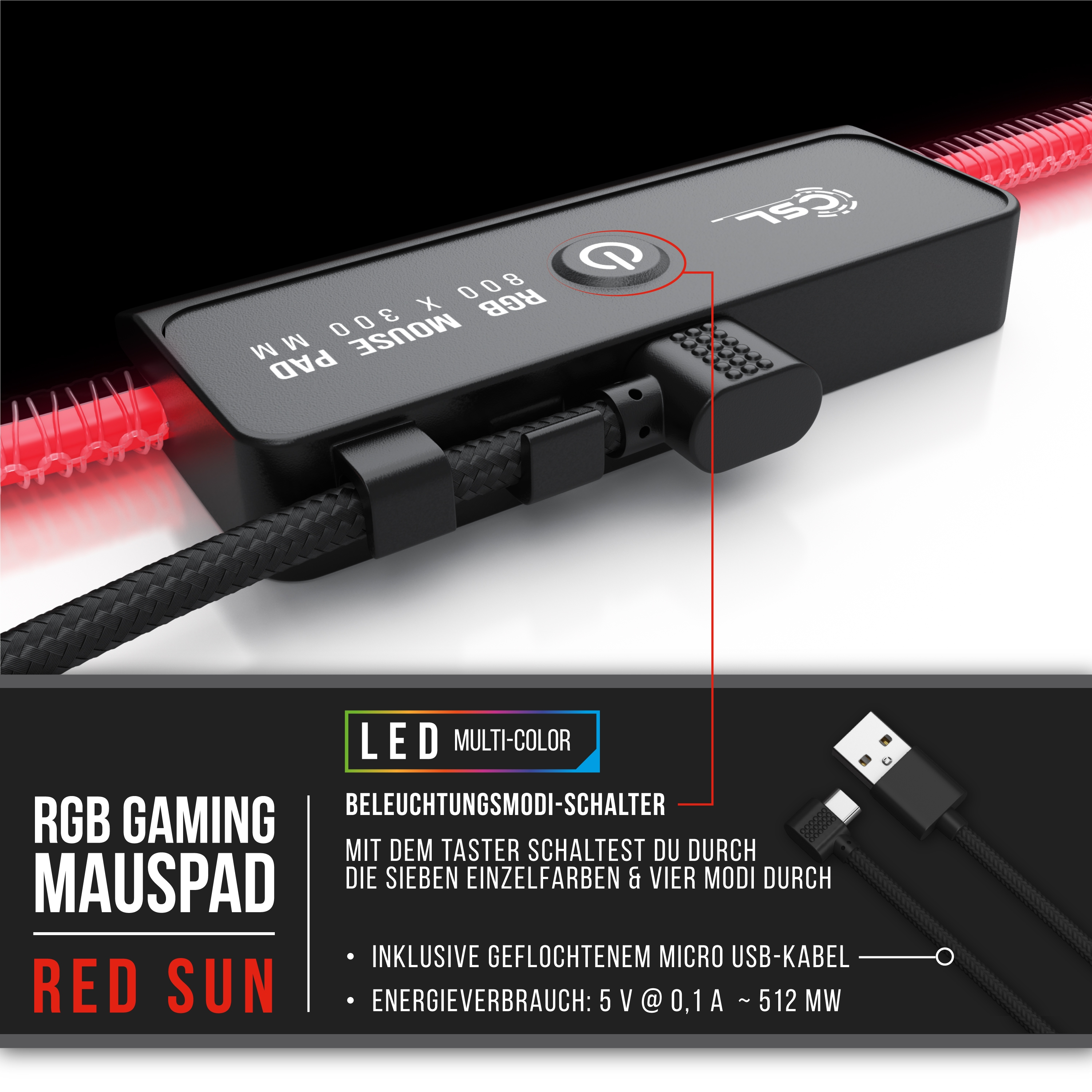 RGB Gaming-Mauspad. Schwarzes Pad mit Bedienfeld und USB-Kabel.