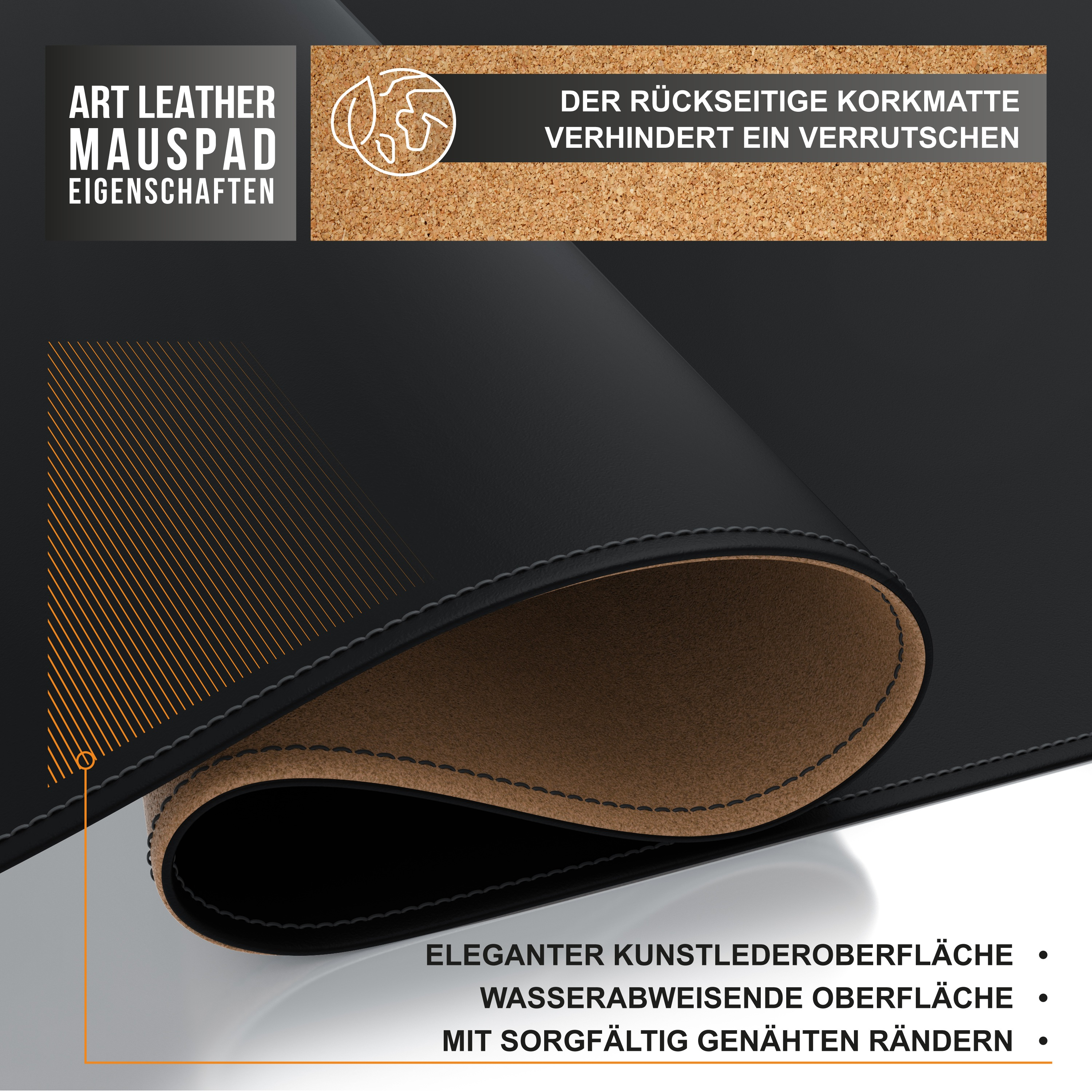 Nahaufnahme eines schwarzen Mauspads mit brauner Korkrückseite, das Kunstleder und Details hervorhebt.