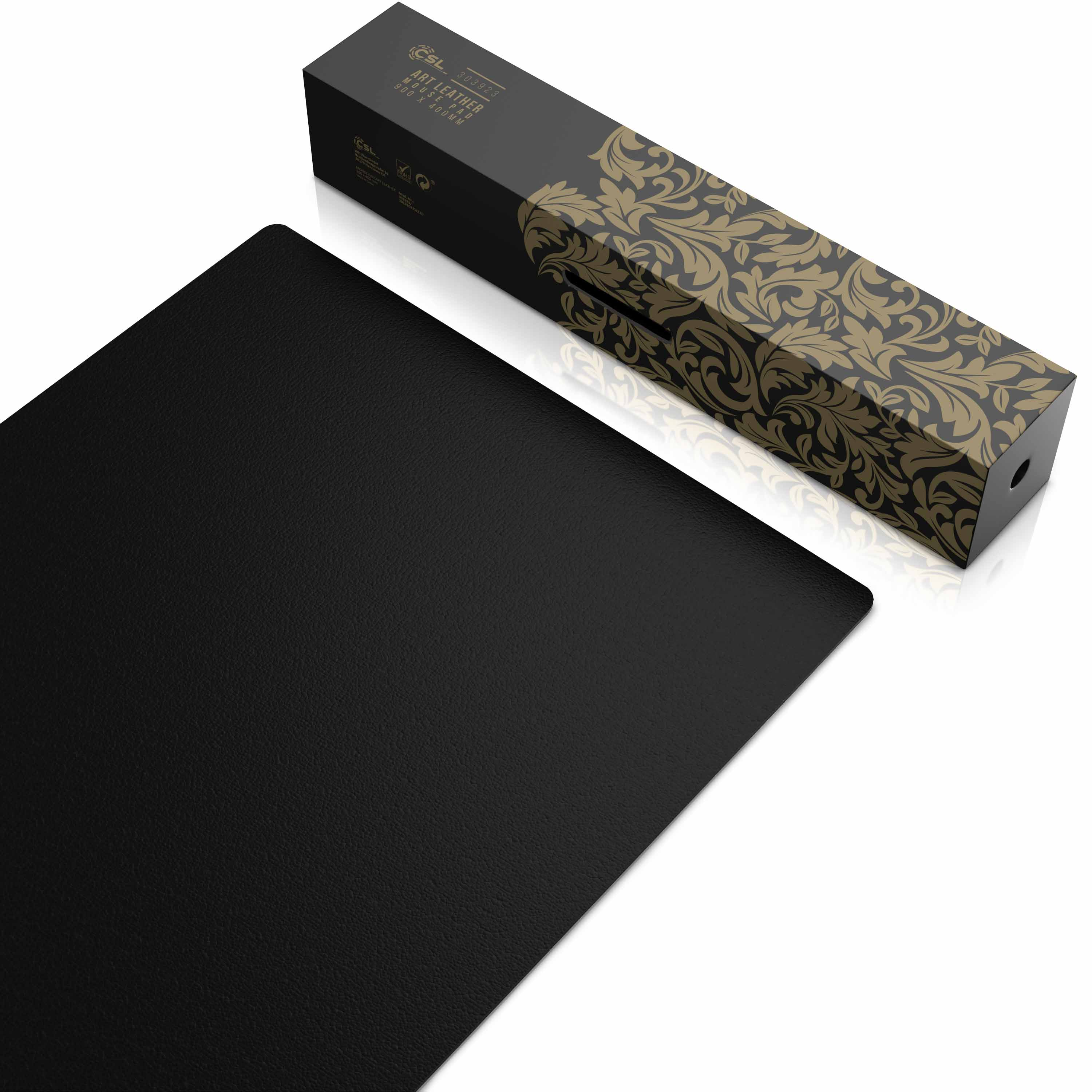 Schwarzes Leder-Mauspad und eine dekorative Box auf weißem Hintergrund.