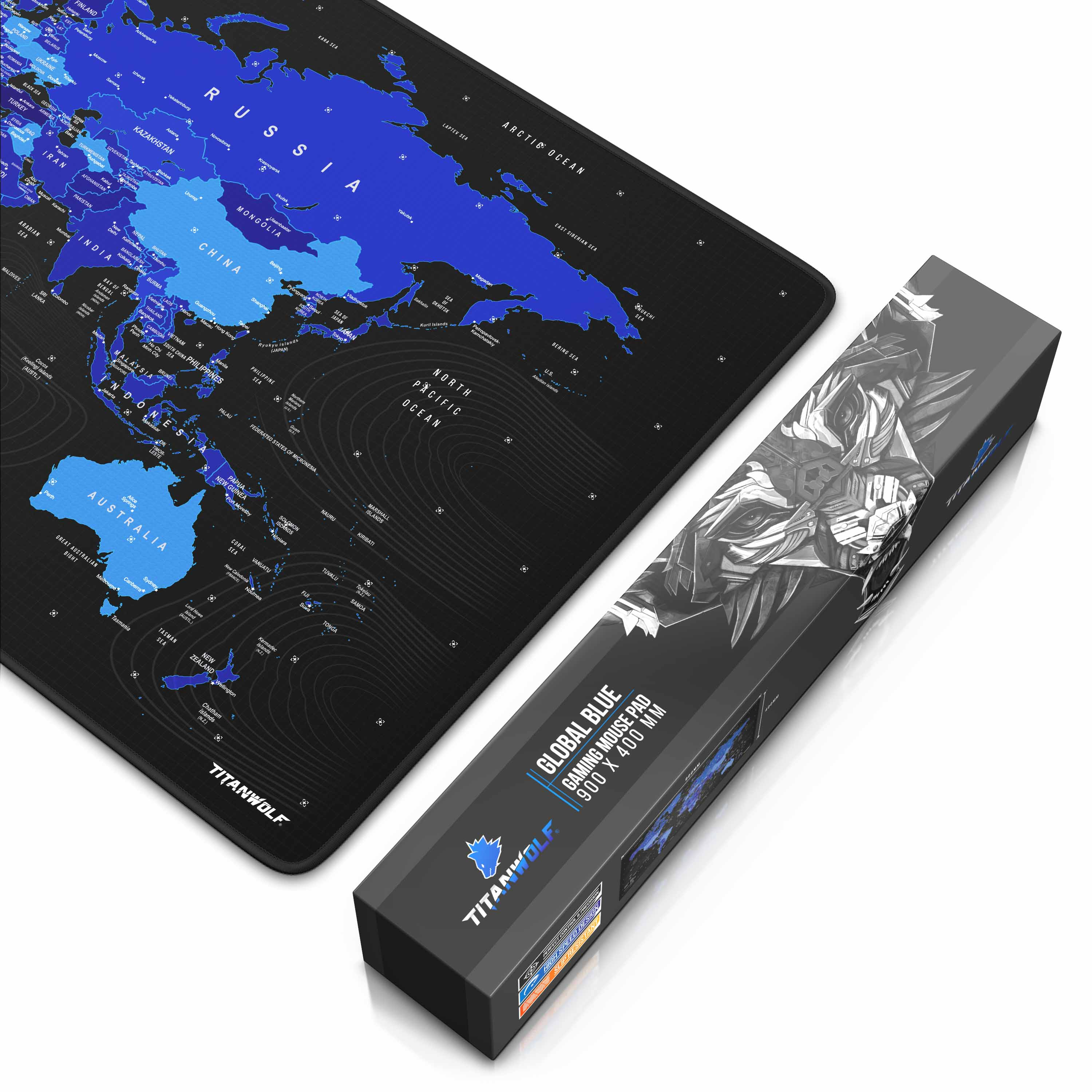Mauspad mit Weltkarte in Blau und Schwarz. Box-Mauspad rechts.