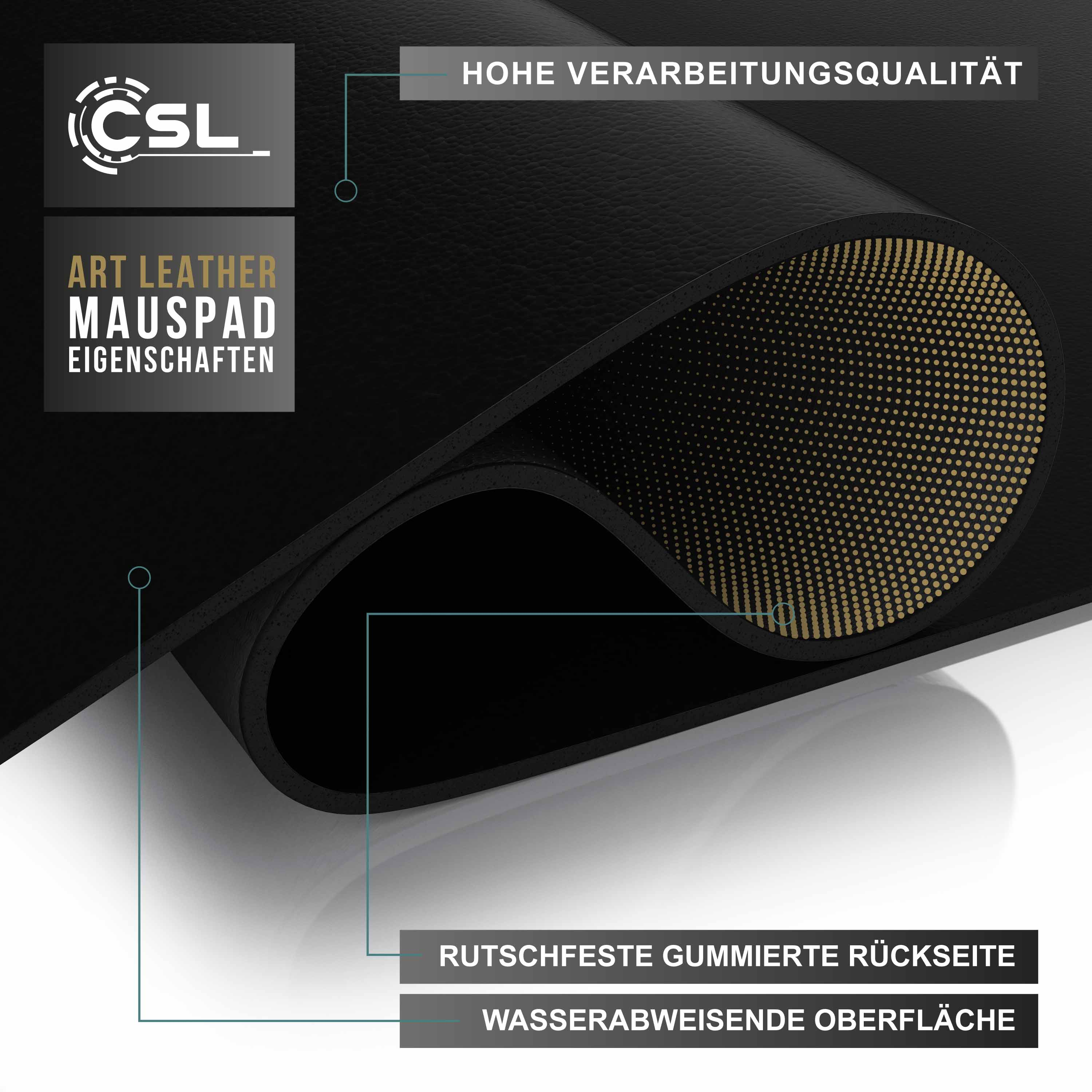 Schwarzes Mauspad, Draufsicht. Text: Art Leather Mousepad. Gummierte Rückseite und wasserabweisende Oberfläche.