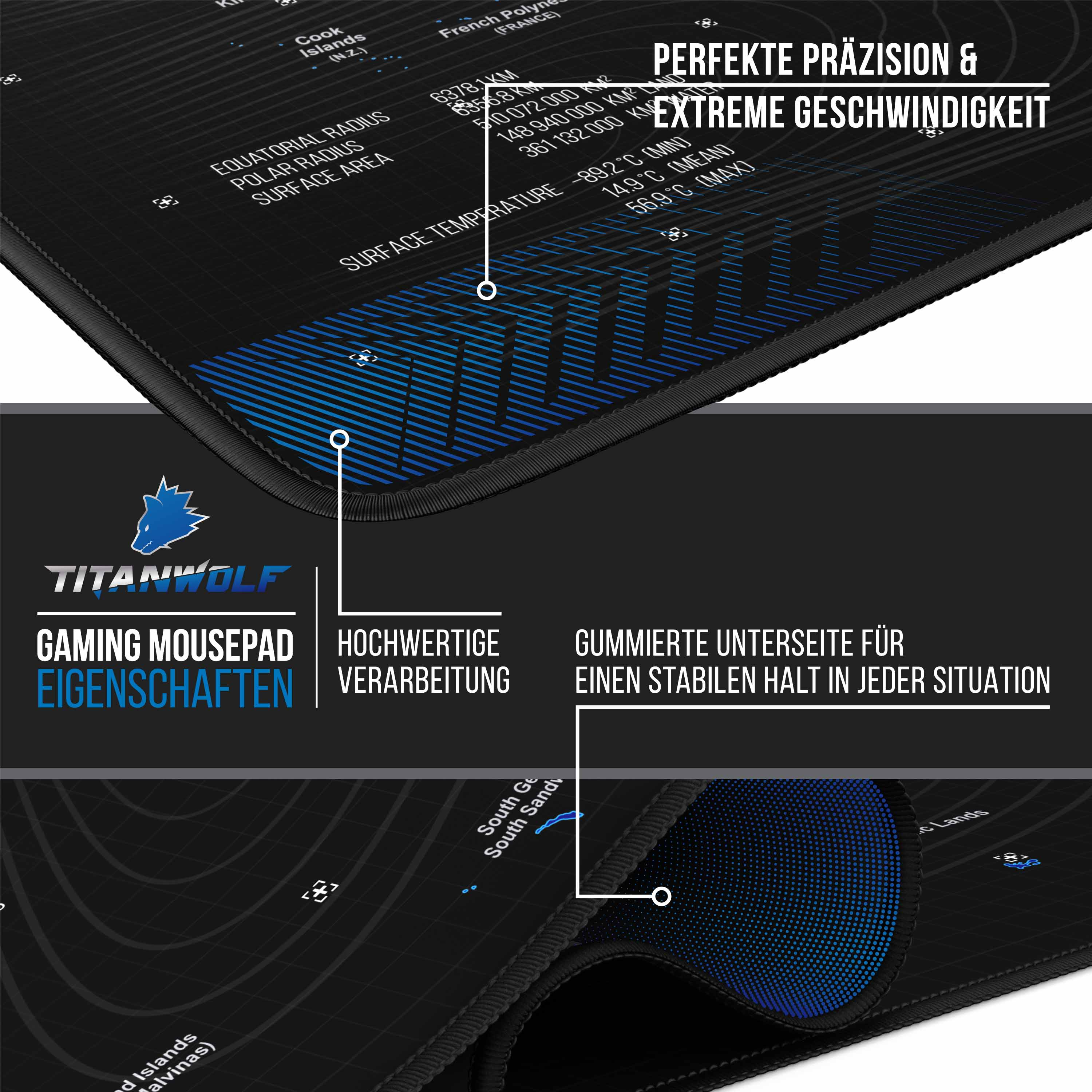 Gaming-Mauspad mit Weltkarten-Design. Text: Hochwertige Verarbeitung und perfekte Präzision. Blau und schwarz.