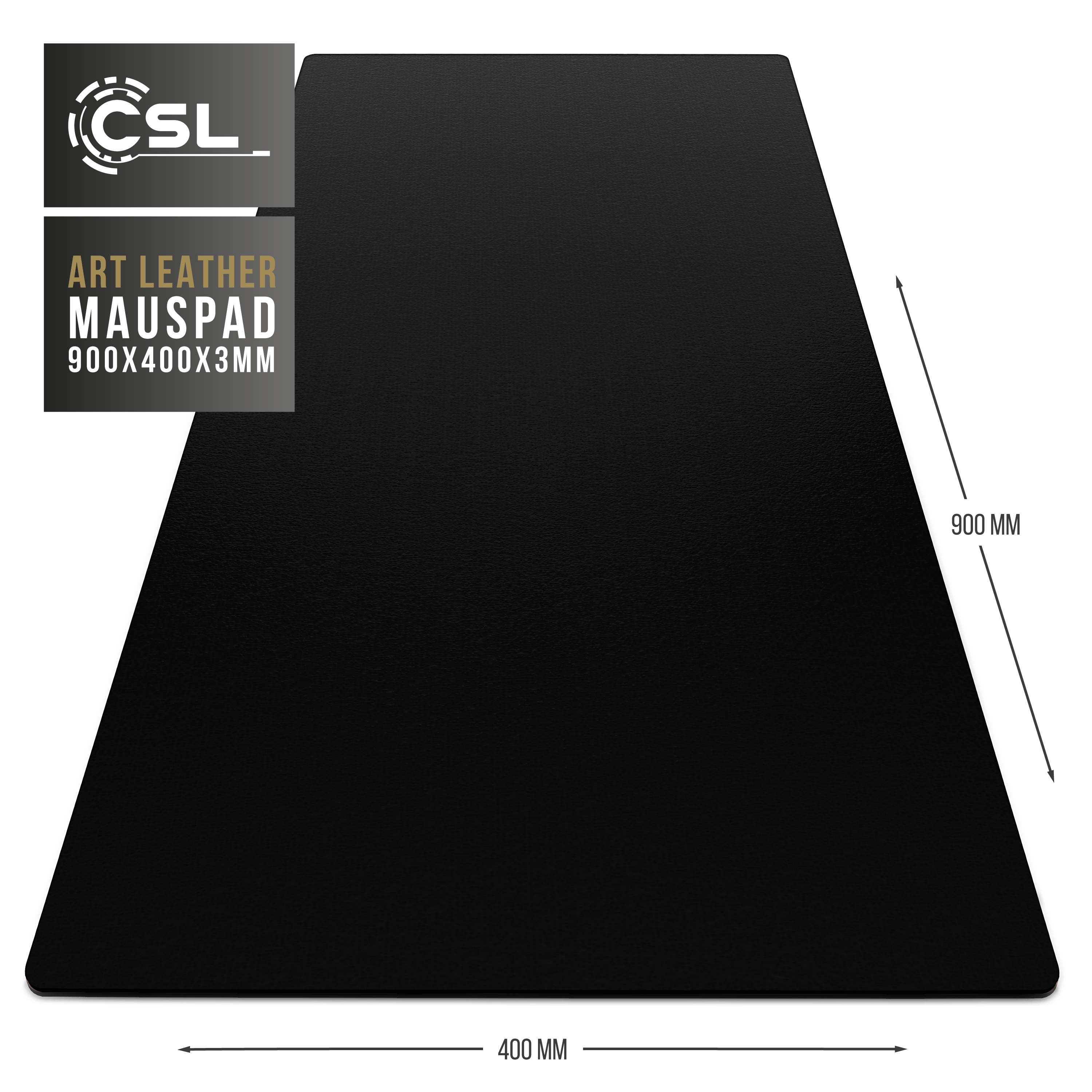 Schwarzes Mauspad mit Markenlogo. Abmessungen sind 900x400x3mm. Das Mauspad ist rechteckig.