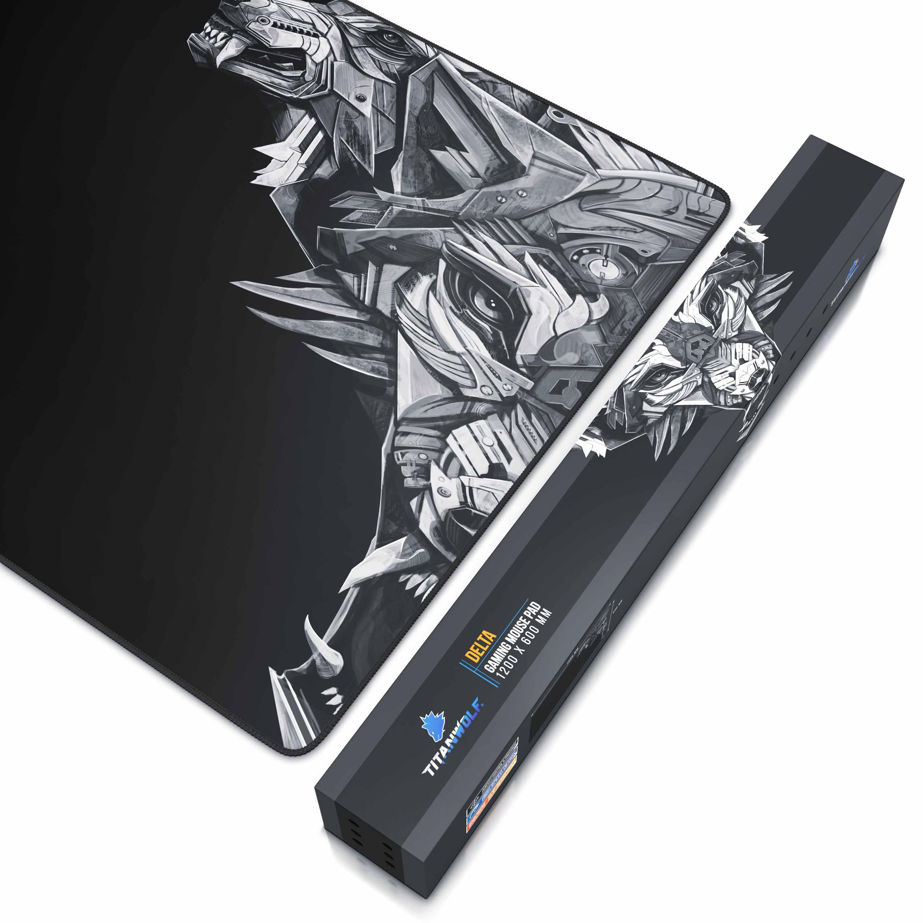 Gaming-Mauspad mit Drachen-Design und einer Box. Das Mauspad hat einen Drachenkopf.