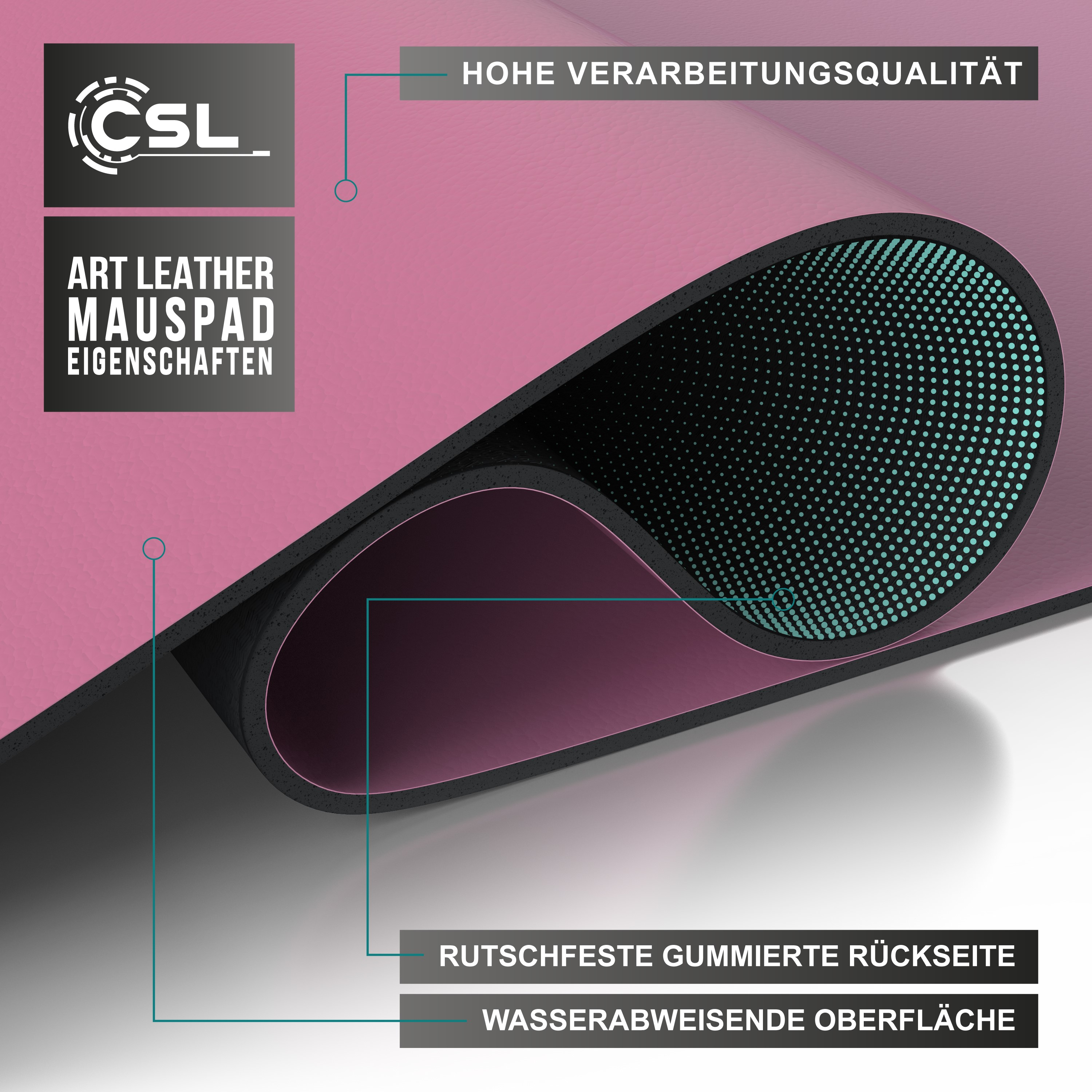 Nahaufnahme eines rosa-schwarzen Mauspads, das das mehrschichtige Design und die Eigenschaften zeigt. Textlabels sichtbar.
