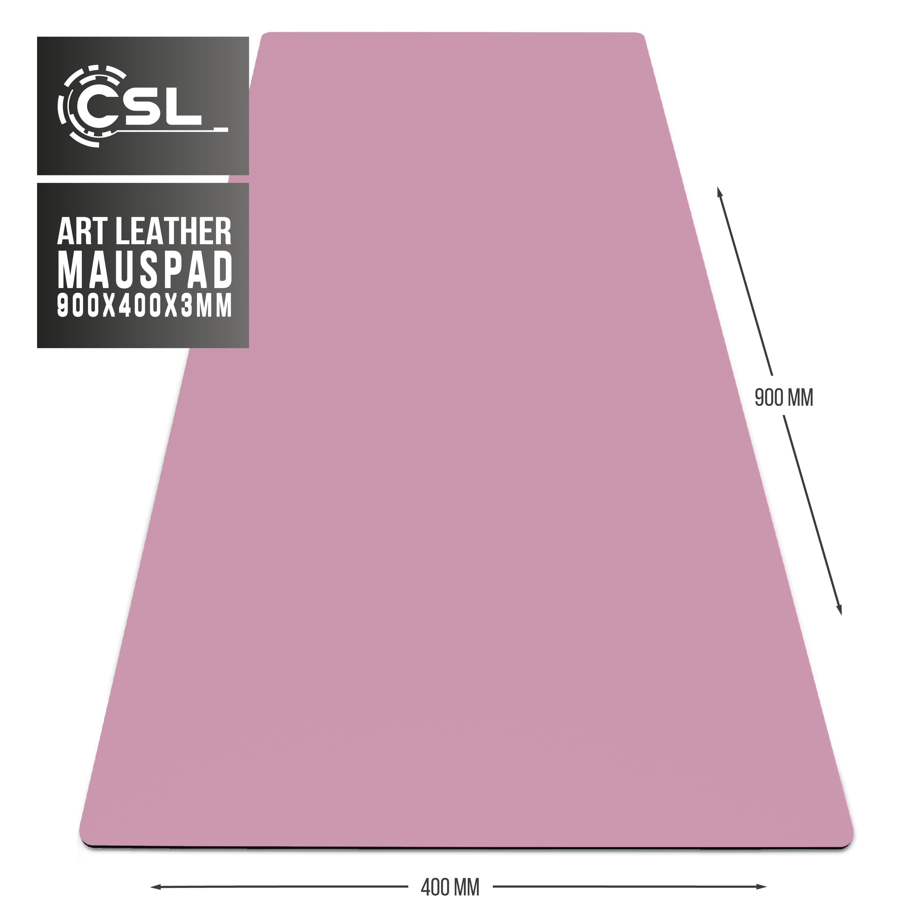 Rosa CSL Art-Leder-Mauspad, rechteckig, mit Abmessungen und Logo auf weißem Hintergrund.