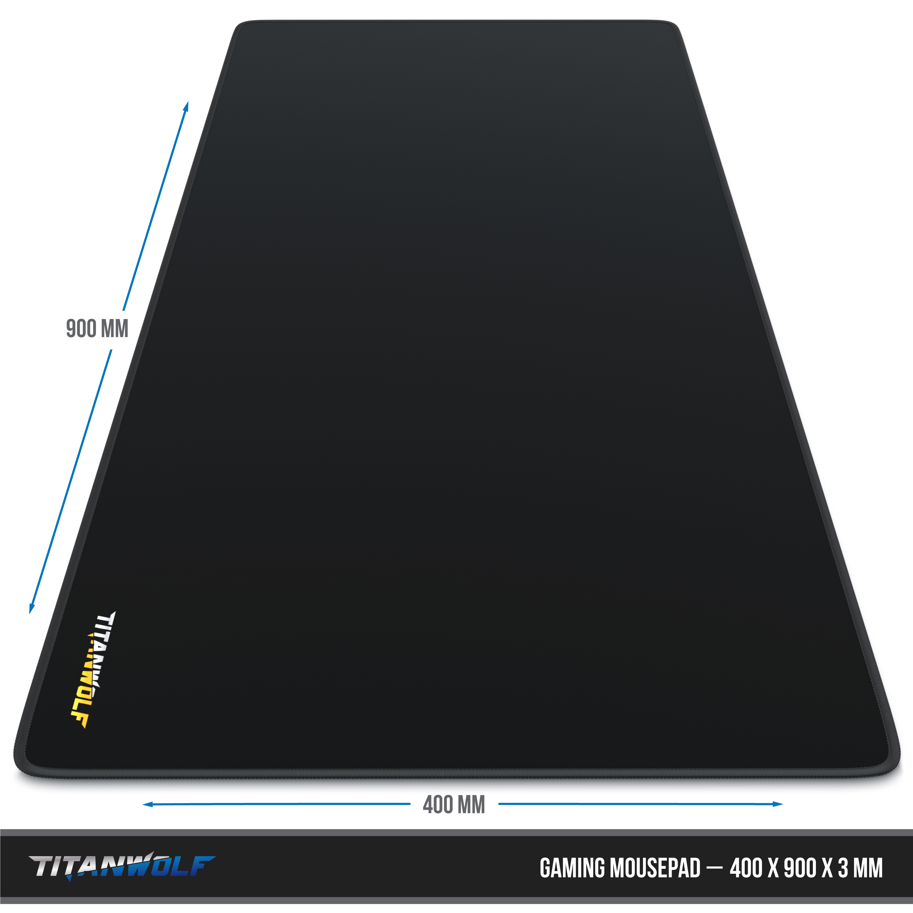 Schwarzes rechteckiges Gaming-Mauspad mit den Maßen 900 mm x 400 mm x 3 mm und dem Markennamen.