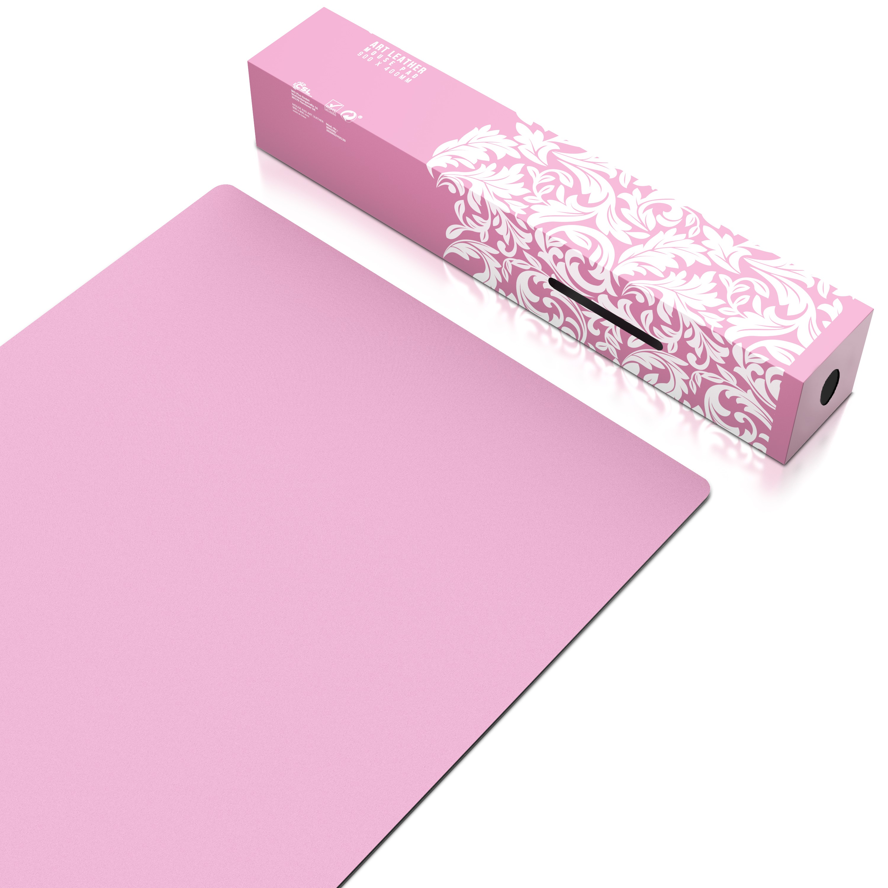 Rosa Schreibtischunterlage und Schachtel mit floralem Design, beide auf weißem Hintergrund.