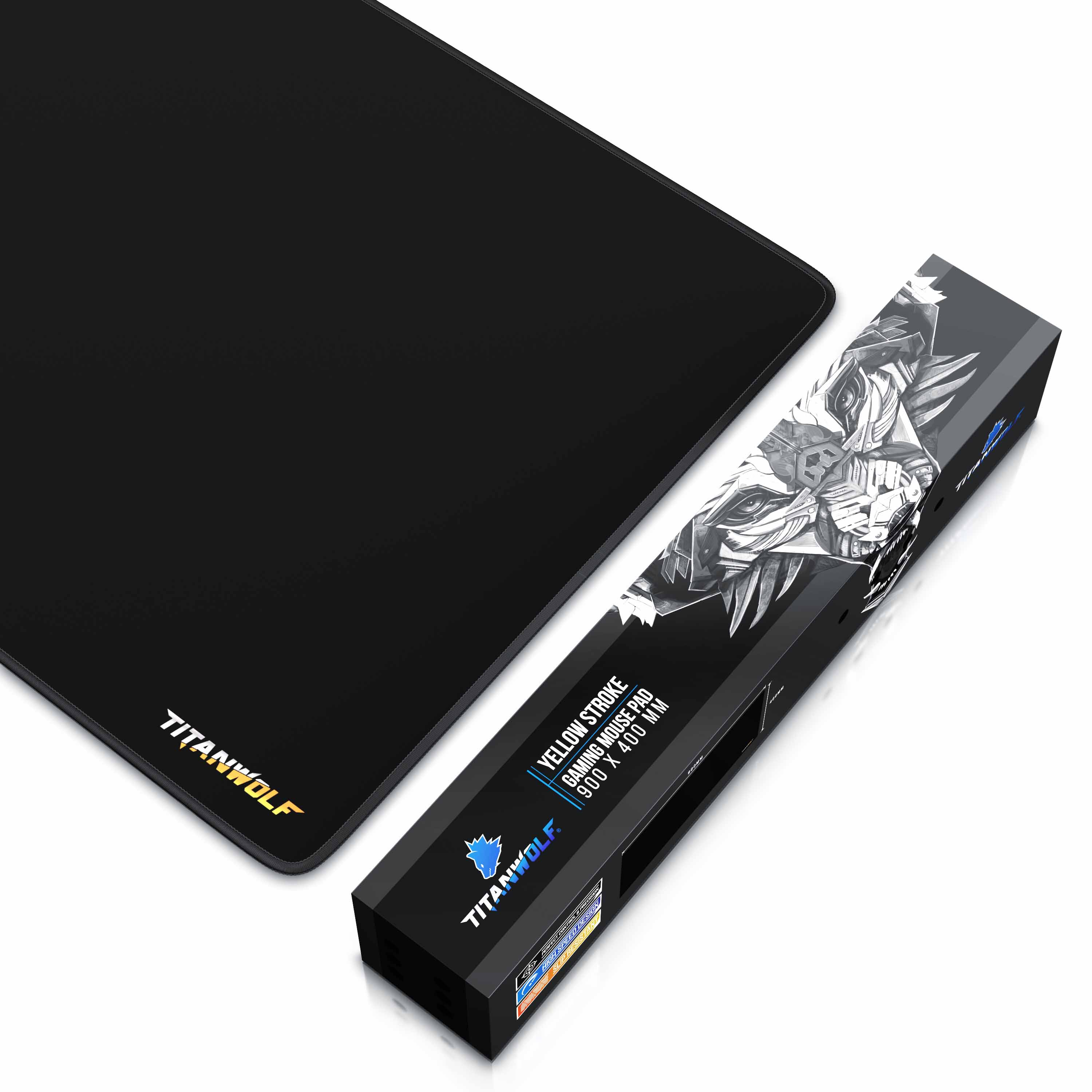 Schwarzes Mauspad und eine Box mit Text und Grafiken, weißer Hintergrund.