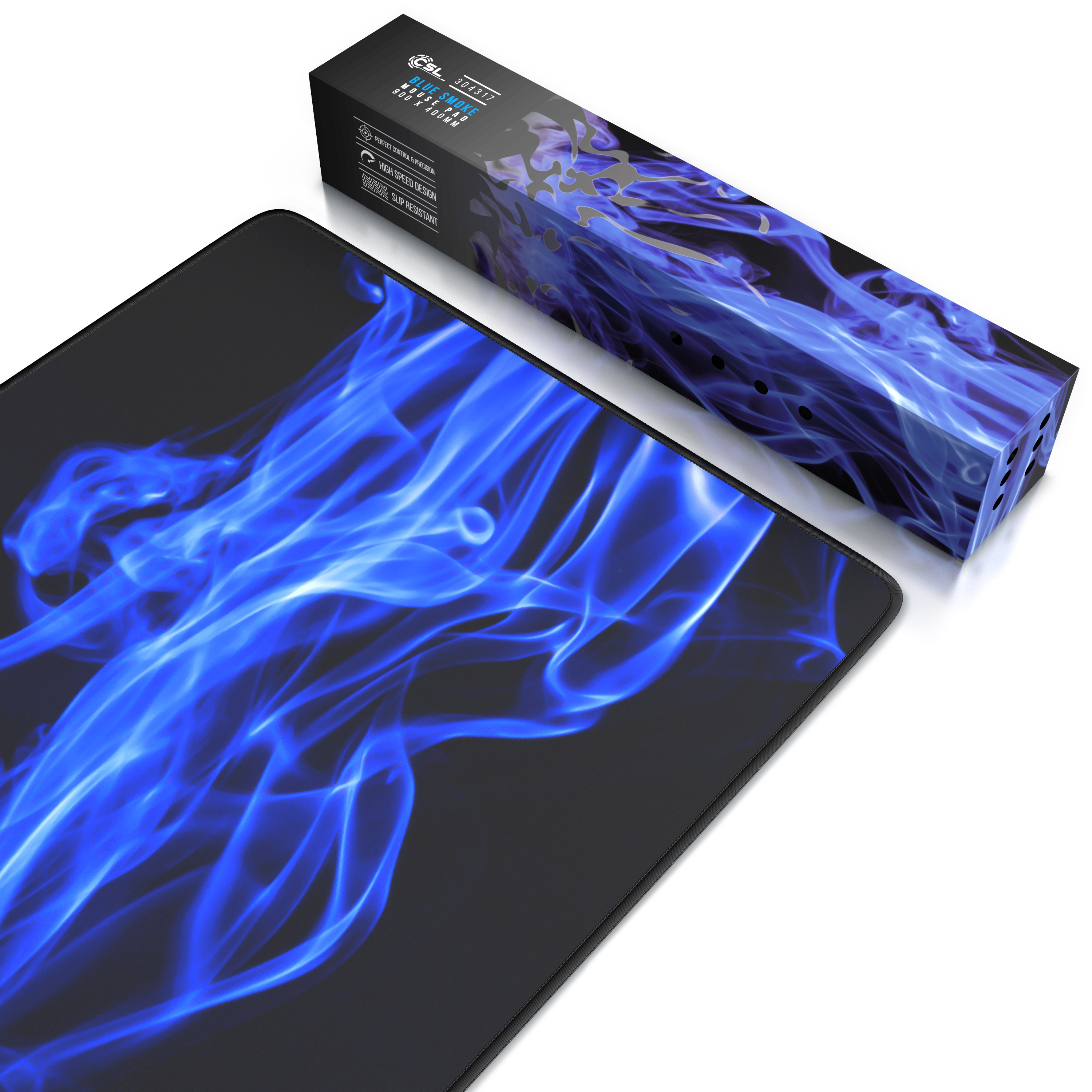 Gaming-Mauspad mit blauem Flammen-Design und passender Box. Schwarze Oberfläche mit blauen Flammen.