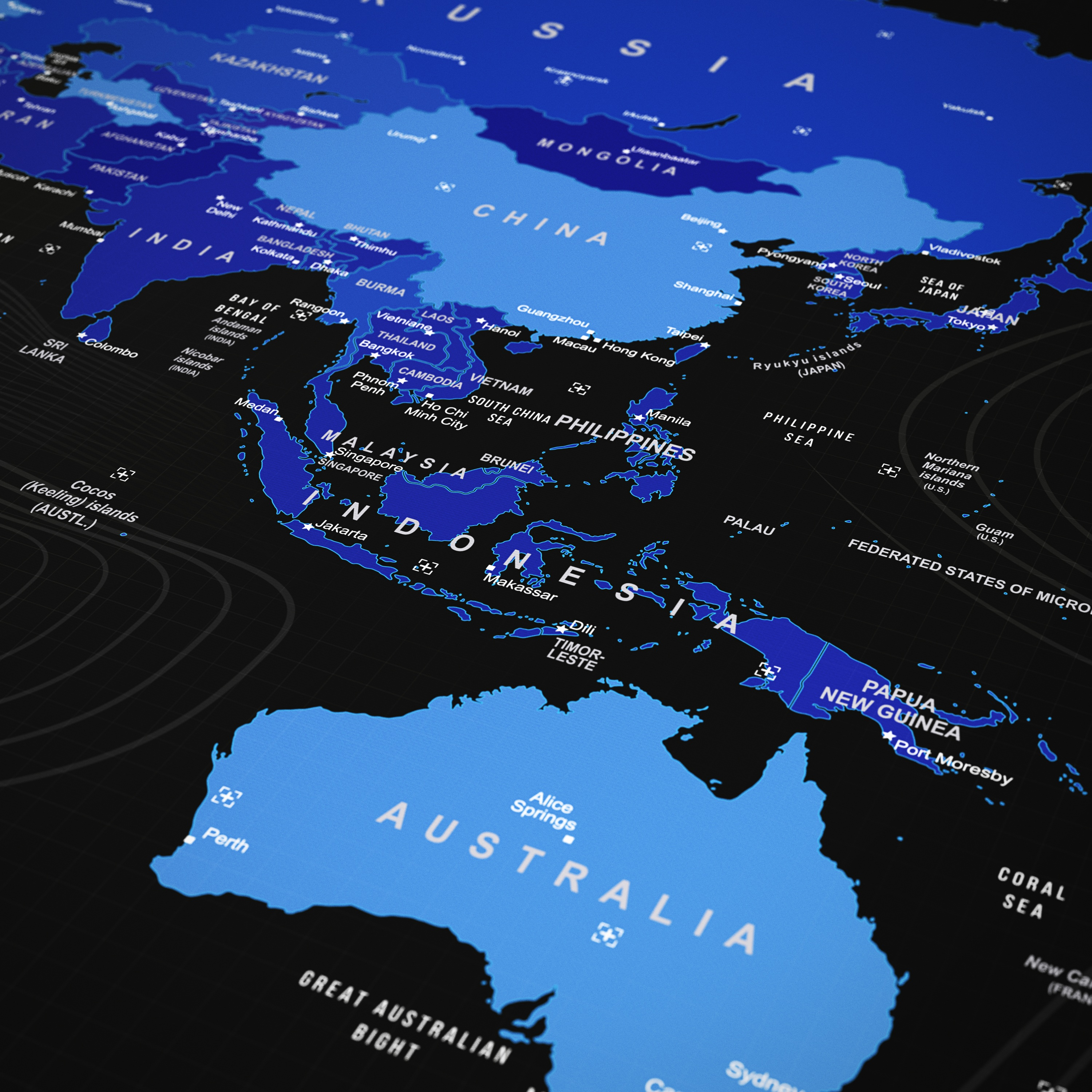 Weltkarte mit Fokus auf Asien und Australien, blaue hervorgehobene Länder.