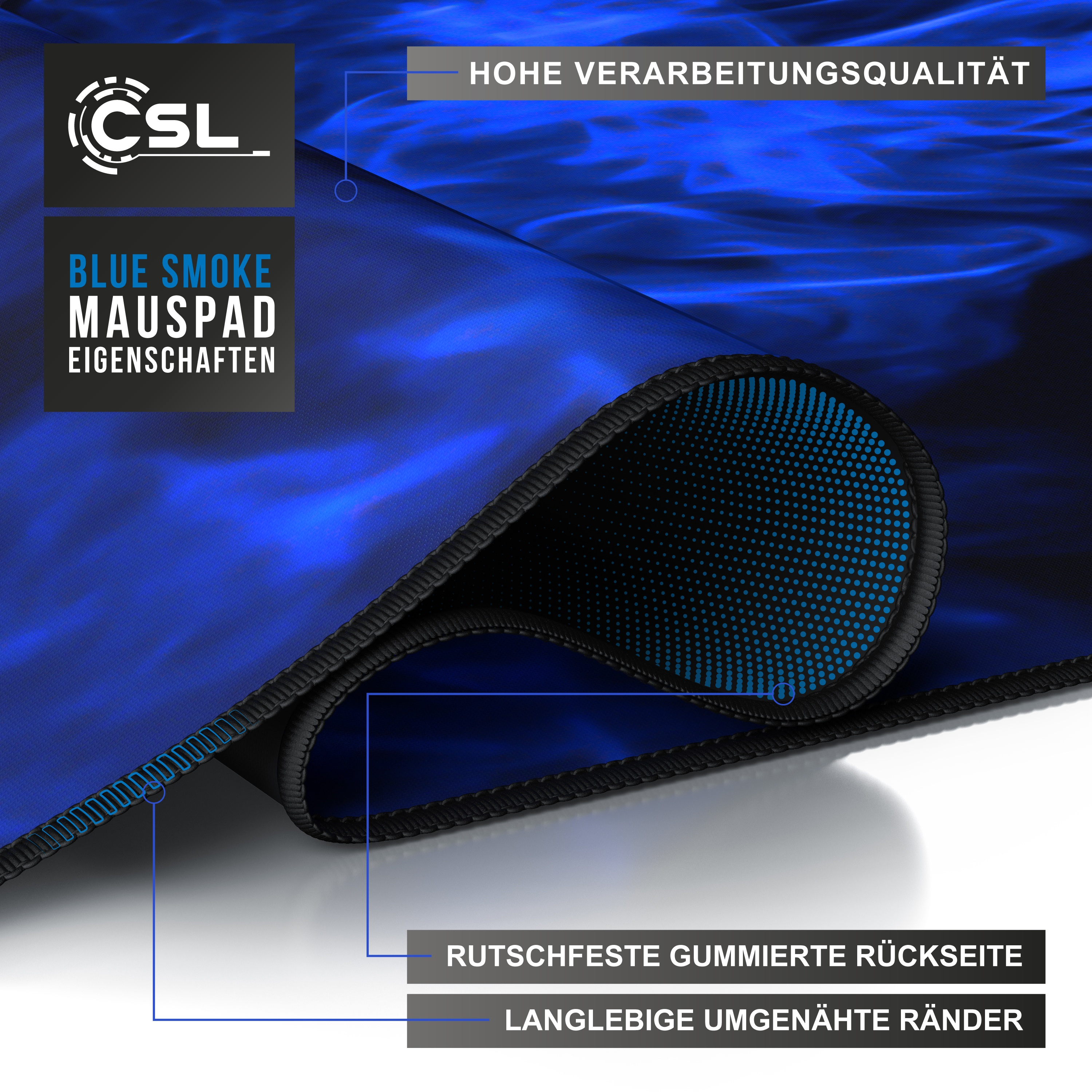 Nahaufnahme eines blauen Gaming-Mauspads, das die Unterseite und Designdetails zeigt.