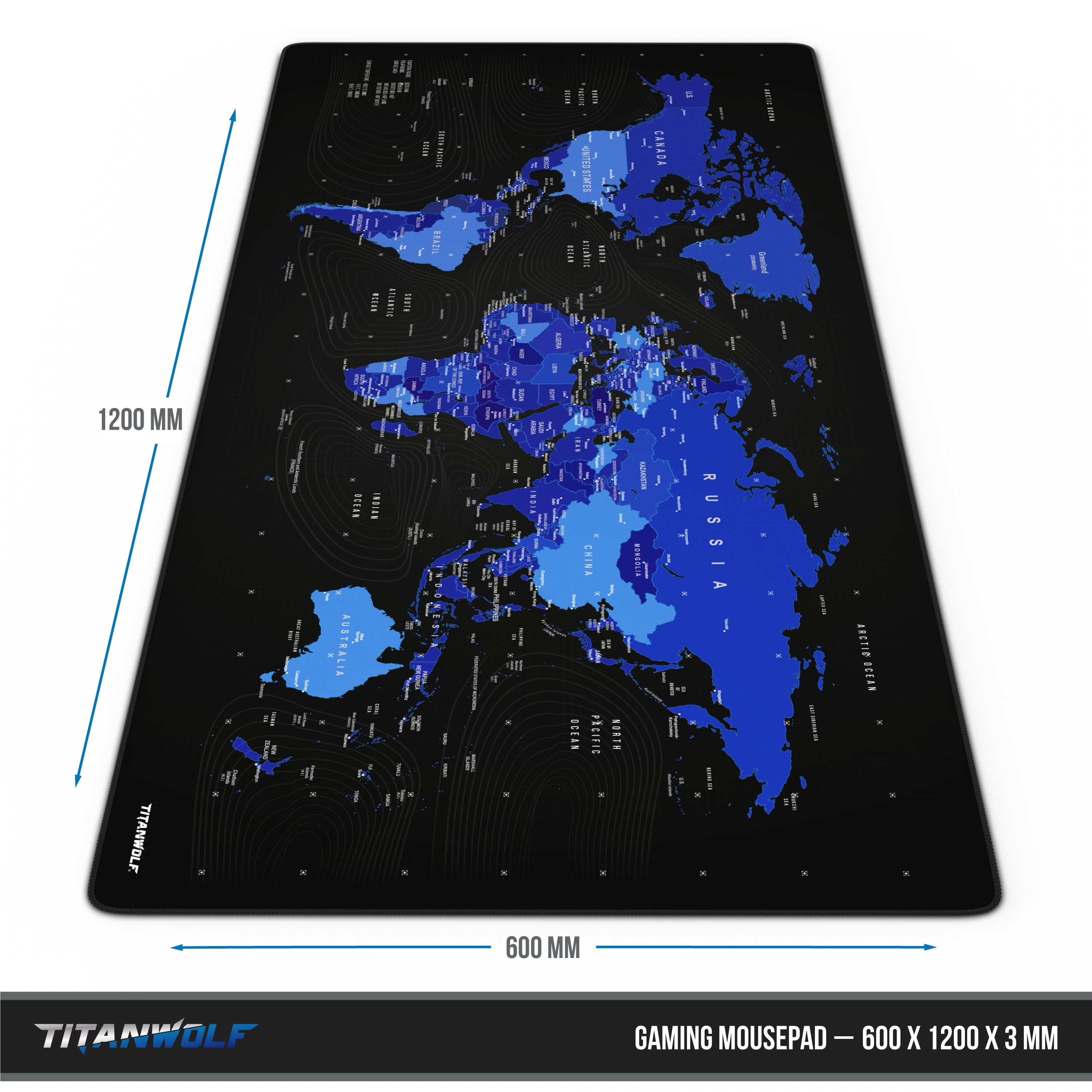 Ein schwarzes Gaming-Mauspad mit Weltkarten-Design, die Abmessungen betragen 600x1200x3 mm.