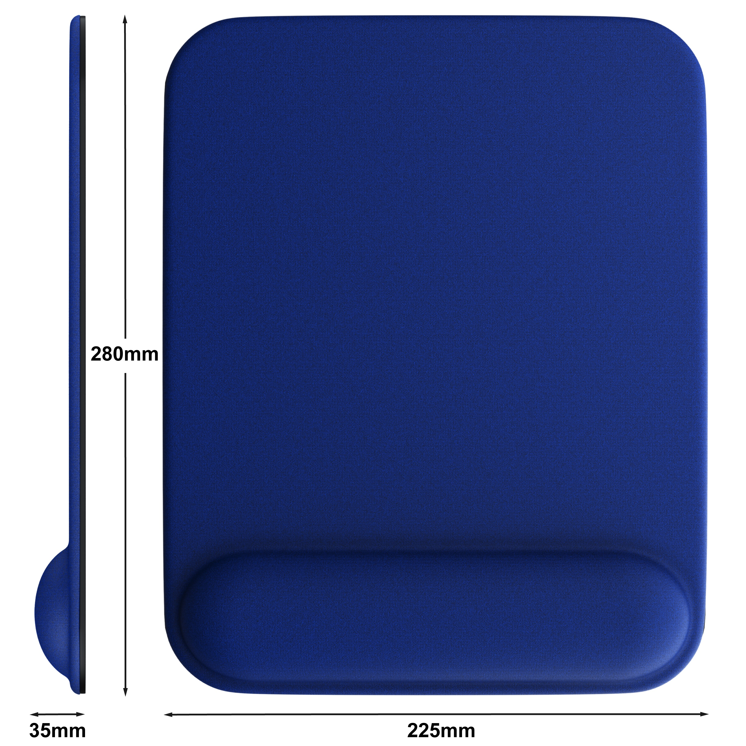 Blaues ergonomisches Mauspad mit Handgelenkauflage. Abmessungen sichtbar.