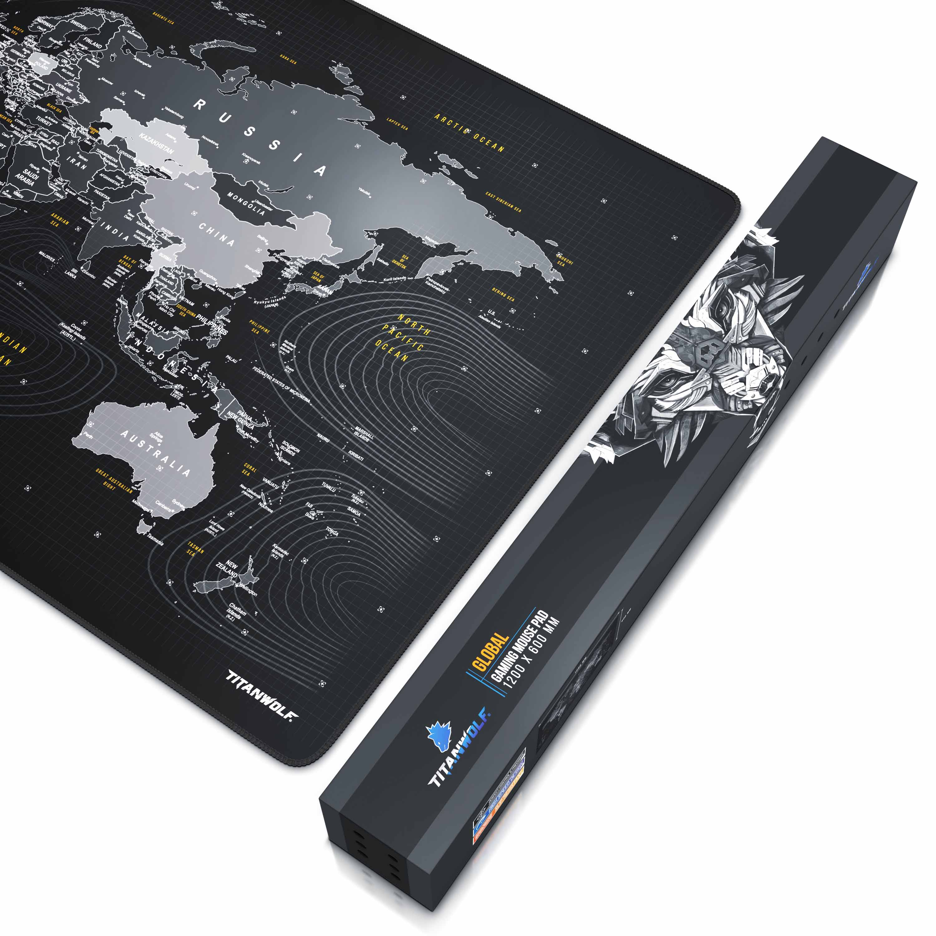 Gaming-Mauspad mit Weltkarten-Design und Schachtel mit Wolfs-Design.