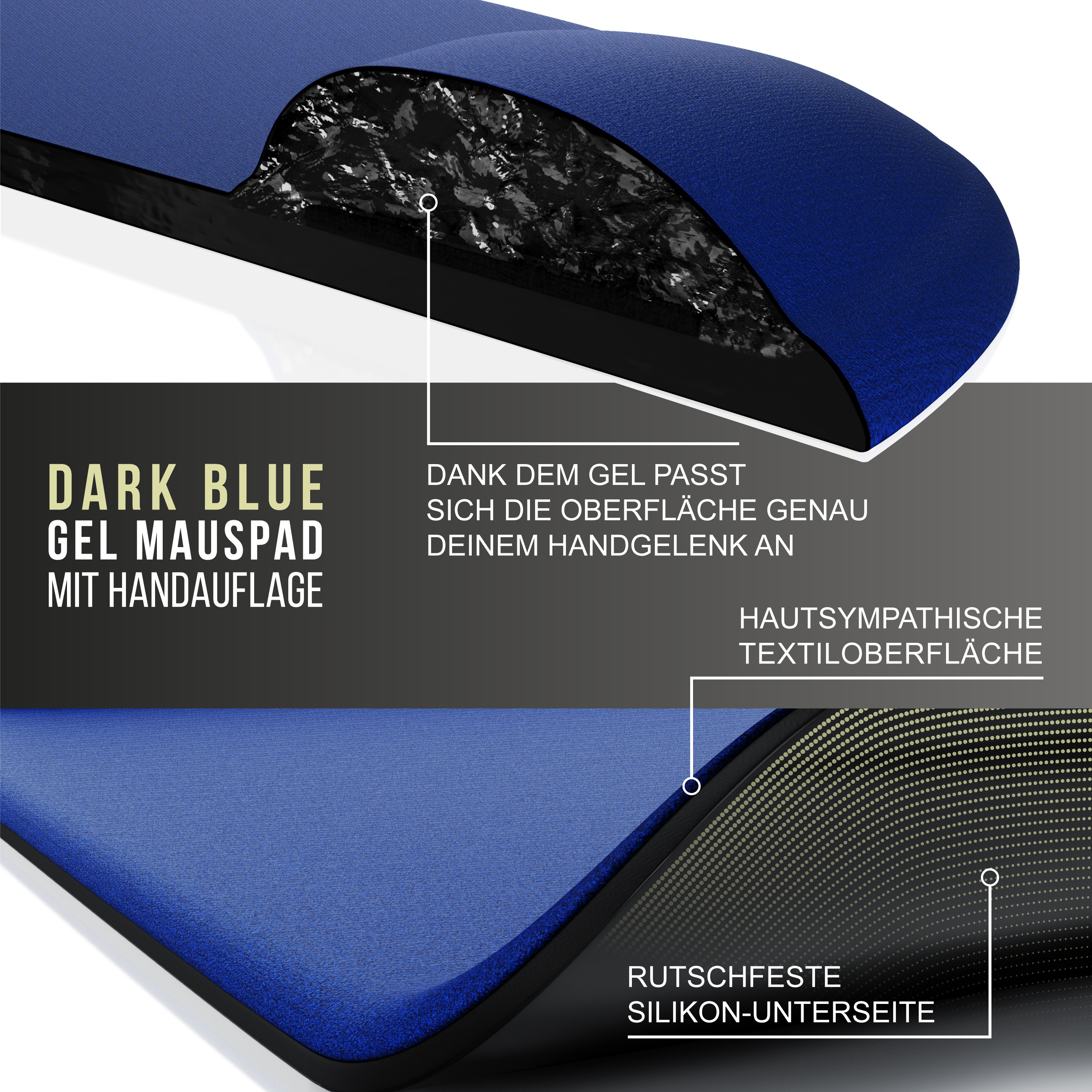 Dunkelblaues Gel-Mauspad mit Handauflage. Zeigt Text und Details über das Produkt.