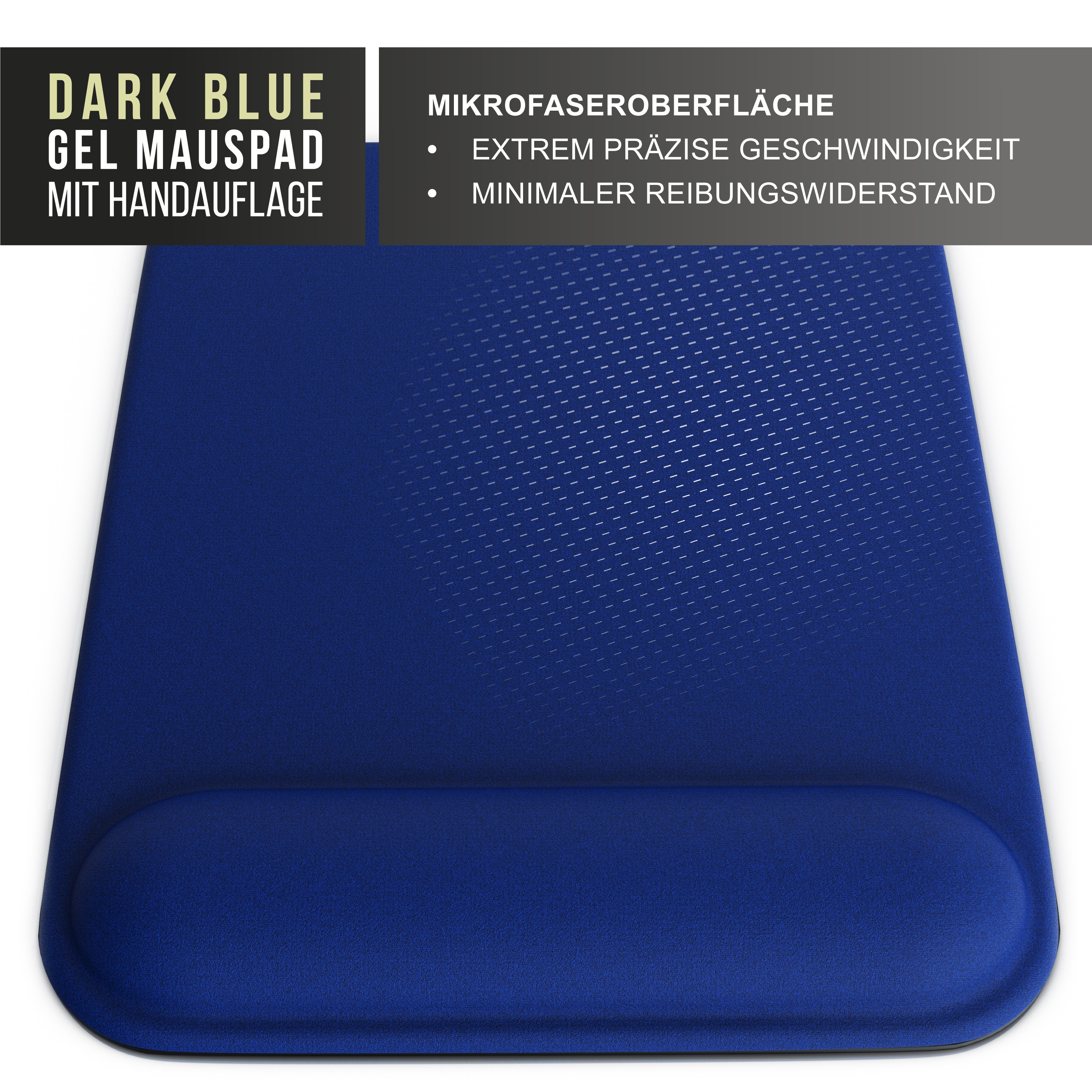 Dunkelblaues Gel-Mousepad mit Handauflage, Mikrofaser-Oberfläche, präzise und minimaler Reibung.