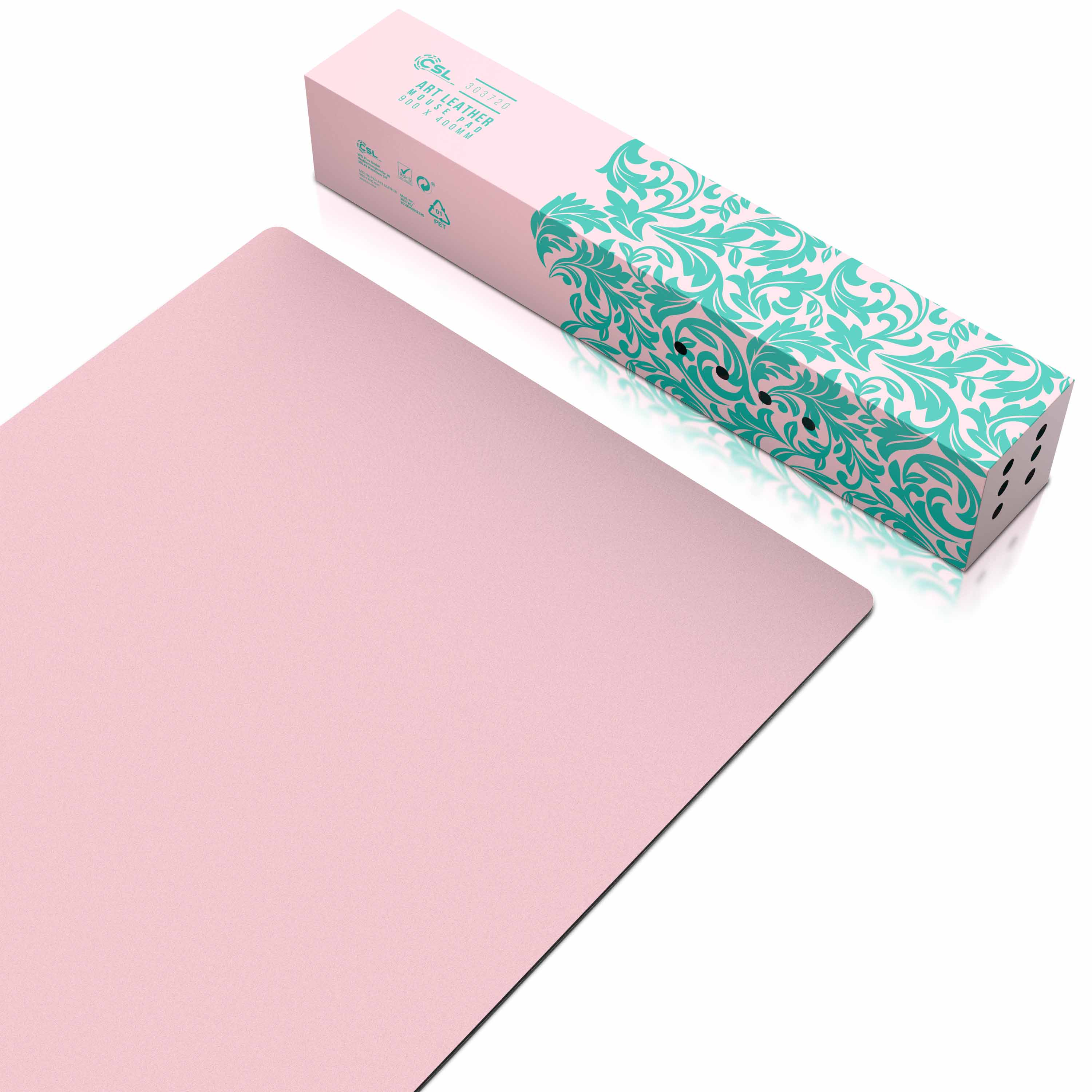 Rosa Mousepad und Box mit floralem Design auf weißem Hintergrund.