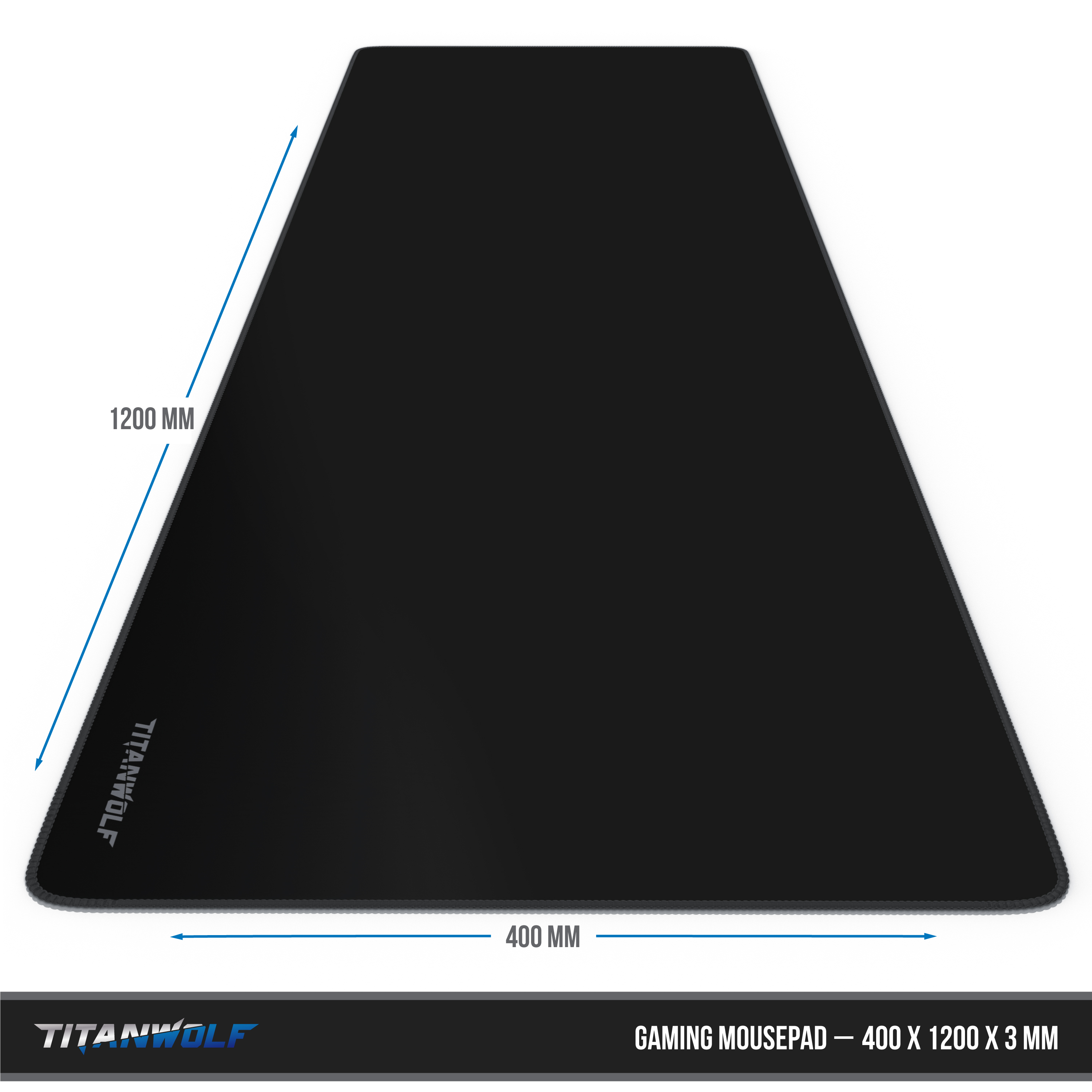 Schwarzes Gaming-Mauspad, 400 x 1200 mm, weißer Hintergrund.