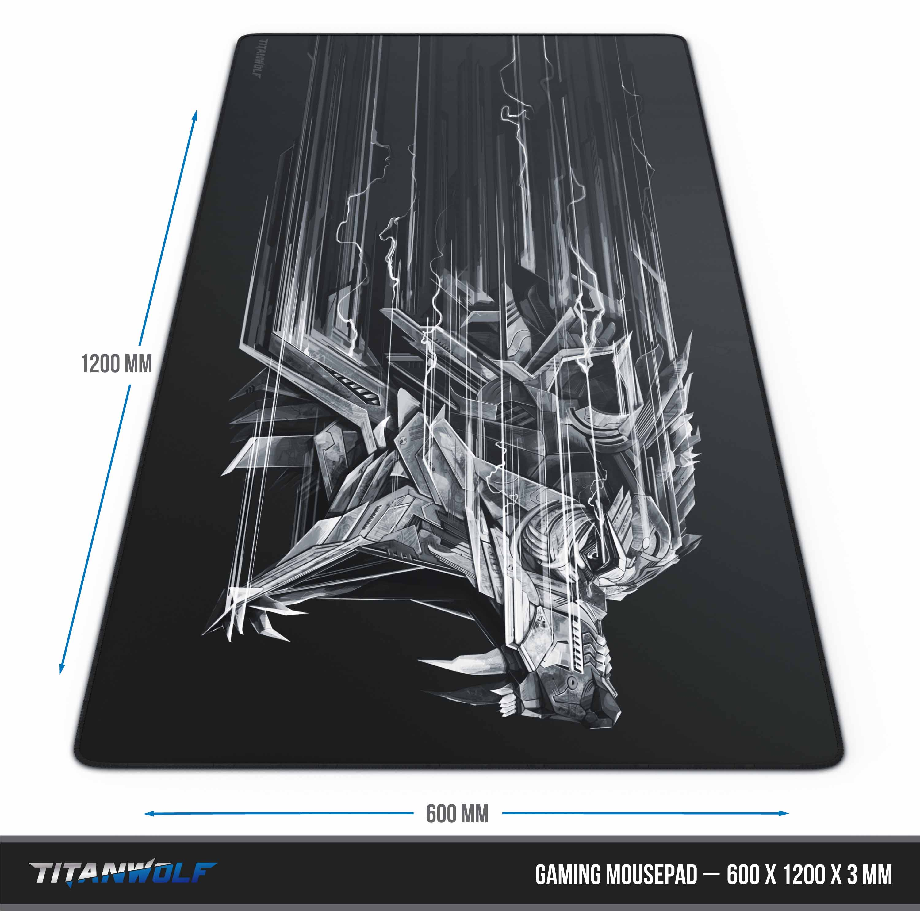 Schwarzes Gaming-Mauspad mit weißem und grauem Wolfsdesign und den Maßen 1200x600x3 mm.