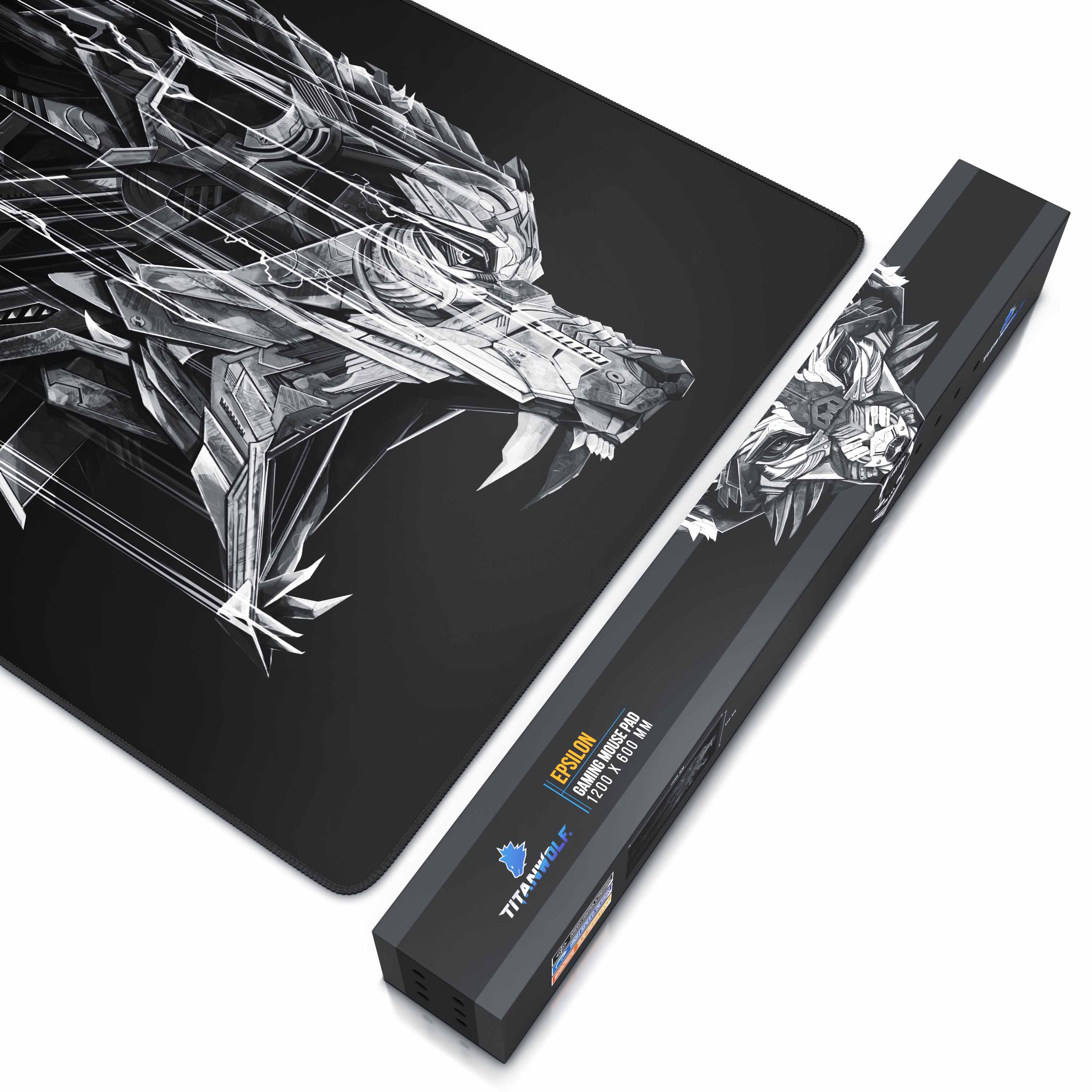 Gaming-Mauspad mit Wolfsdesign, neben einer Box mit der gleichen Grafik.