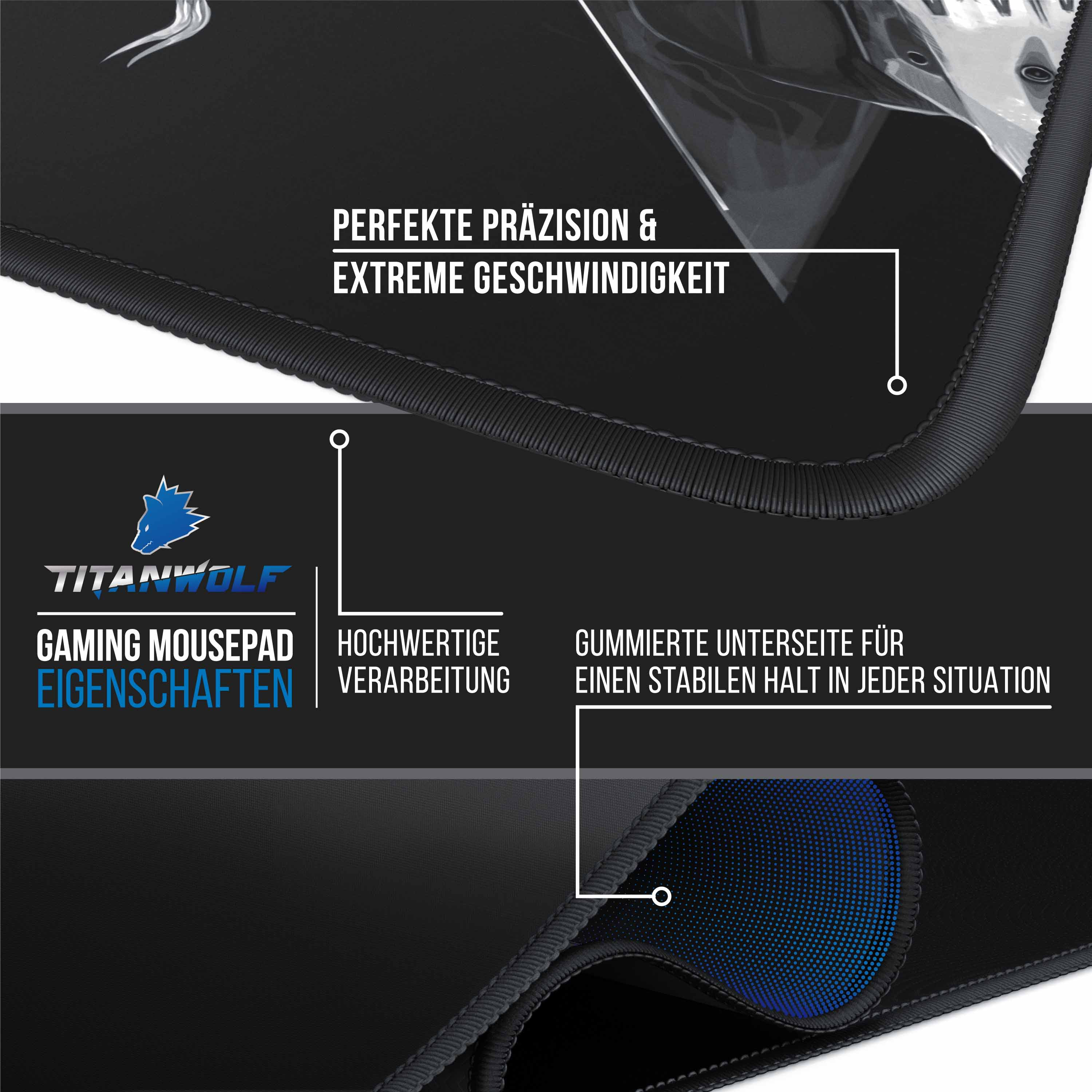 Nahaufnahme eines schwarzen Gaming-Mauspads mit Text und blauen Akzenten, weißer Hintergrund.