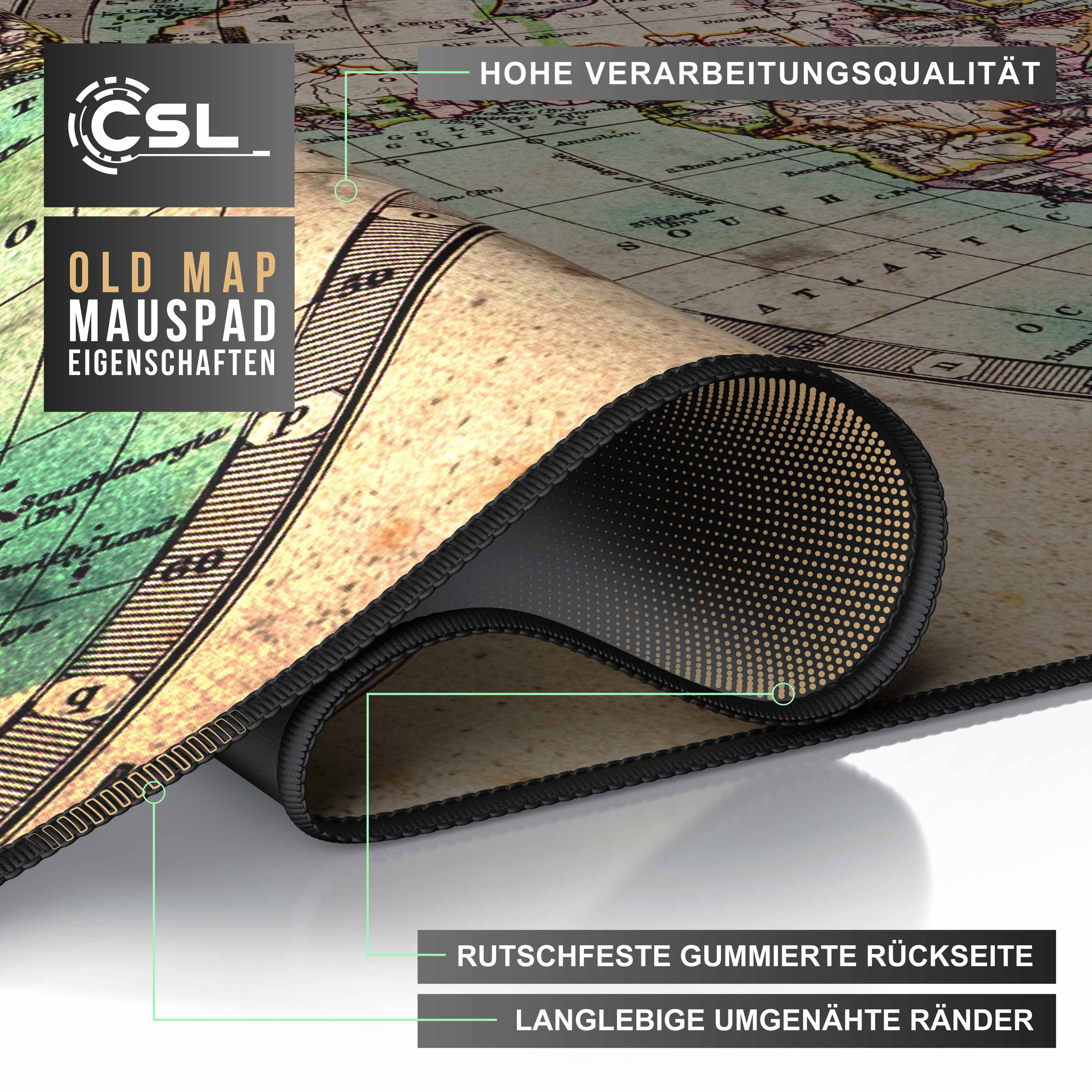 Mauspad mit altem Karten-Design. Das Pad ist aufgerollt mit genähten Kanten.