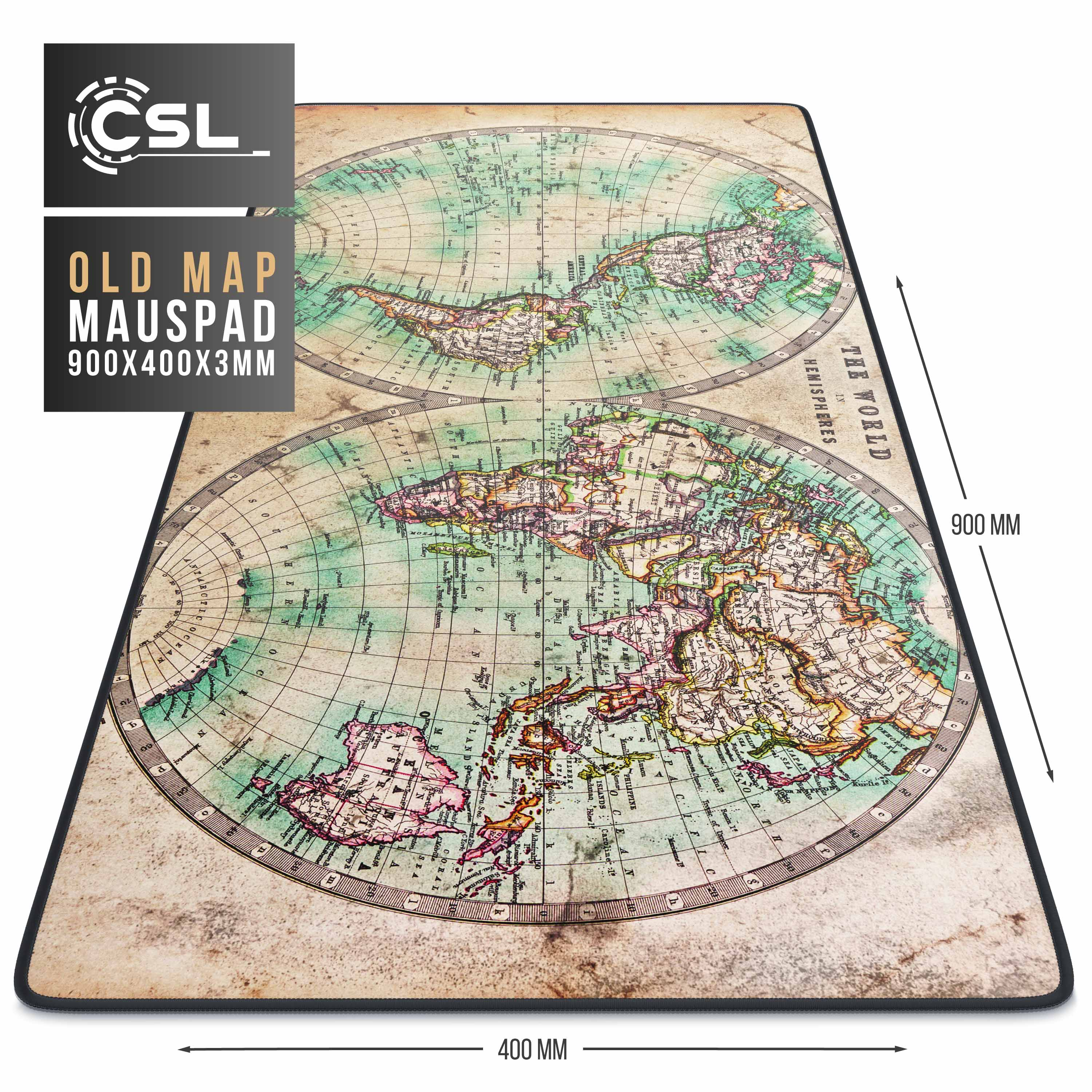 Eine alte Karten-Mauspad mit Weltkarten-Design. Mit Abmessungen und CSL-Logo.